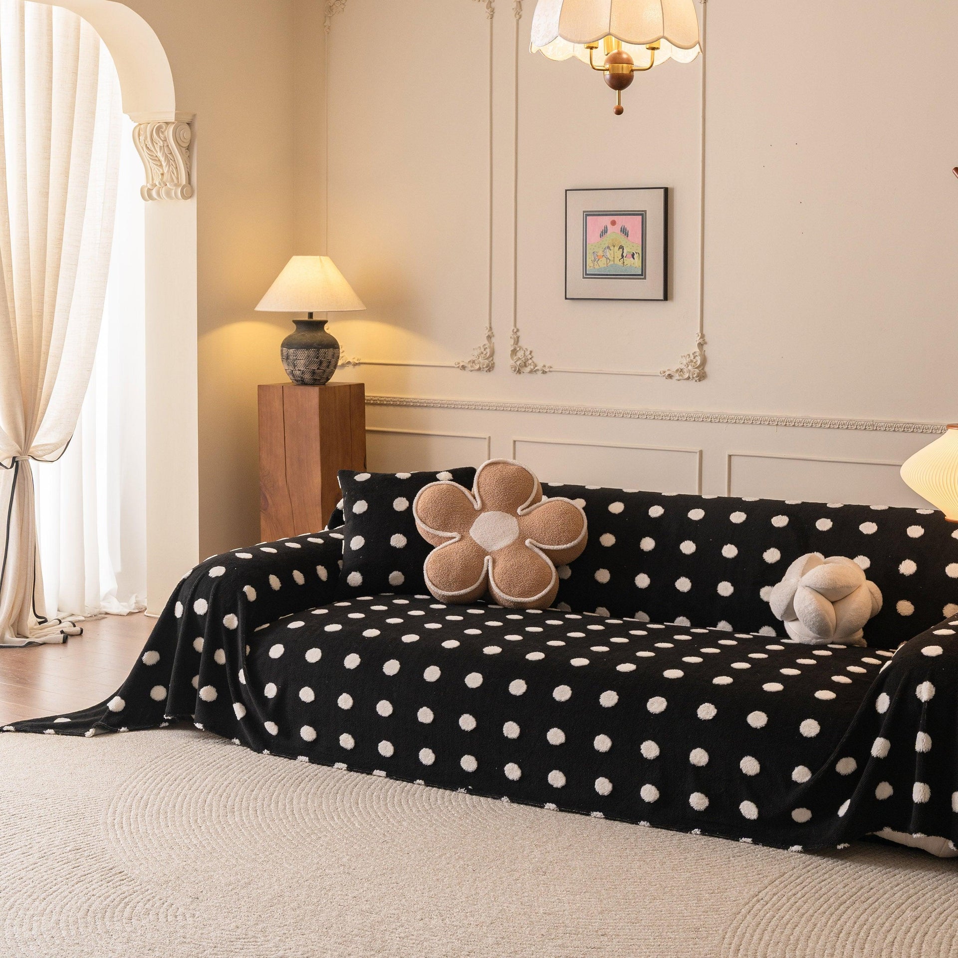 Plush Fleece Sofa Cover Throw, Soft Textured Polka Dot Couch Protector Blanket for Pets