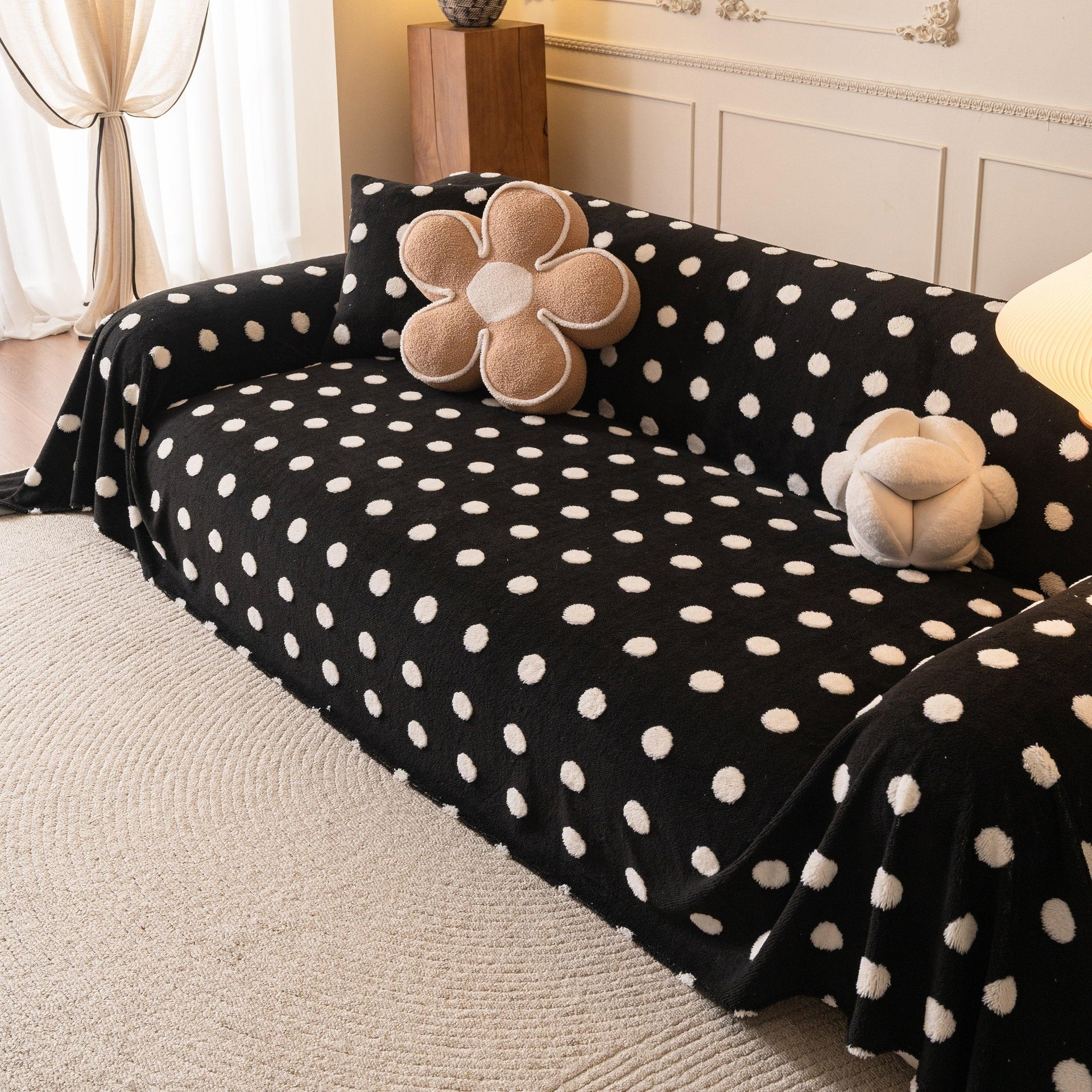 Plush Fleece Sofa Cover Throw, Soft Textured Polka Dot Couch Protector Blanket for Pets