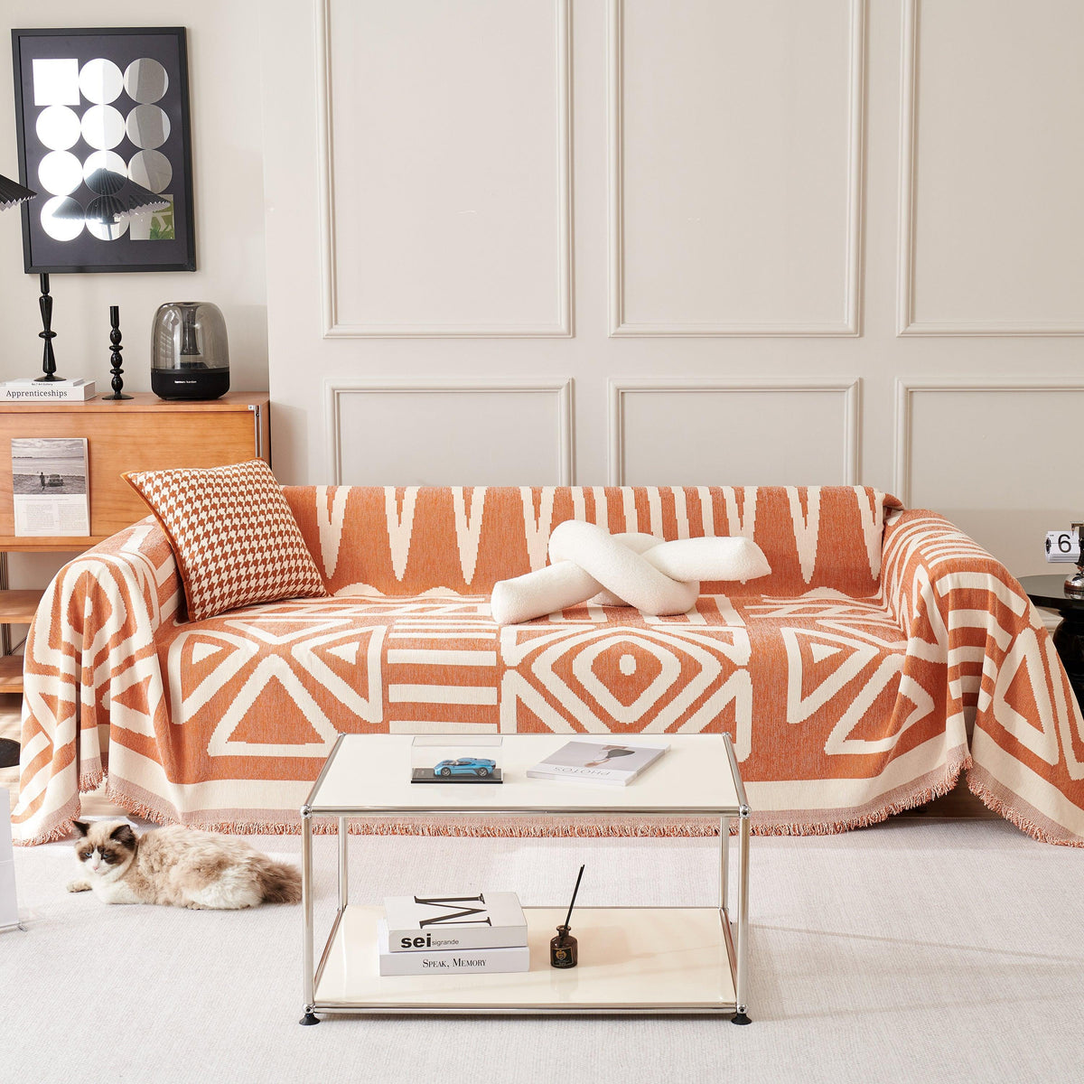Chenille Geometric Sofa Throw Blanket, Boho Washable Furniture Throw Covers for Sofa
