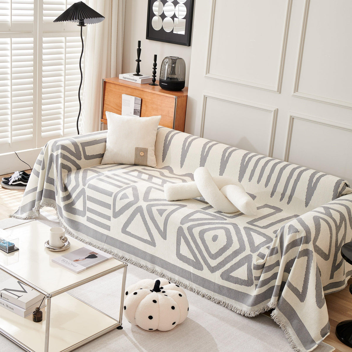 Chenille Geometric Sofa Throw Blanket, Boho Washable Furniture Throw Covers for Sofa