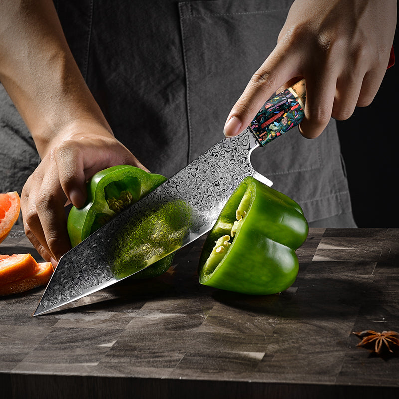 Pristine VG10 Chef Knife Set with Exotic Olive Burl Wood and Pearl Resin Handle