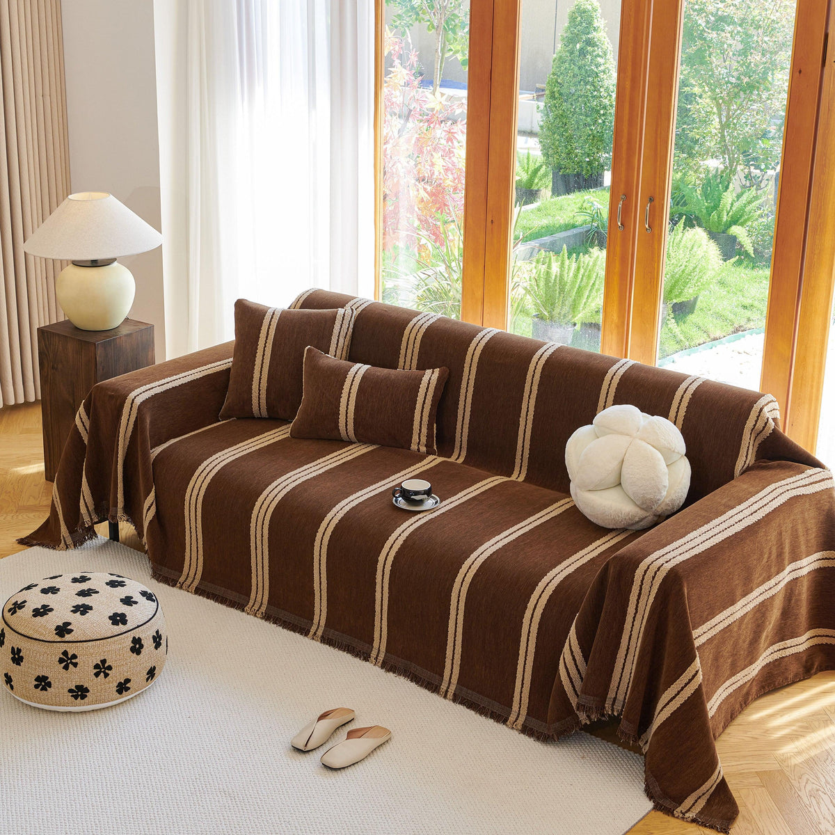 Textural Striped Chenille Sofa Covers, Boho Washable Decor Sofa Blankets Covers