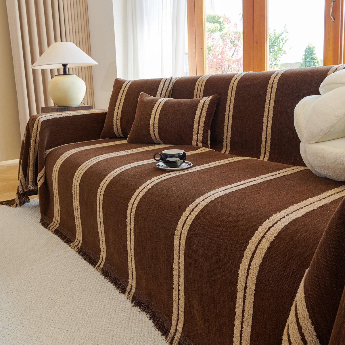 Textural Striped Chenille Sofa Covers, Boho Washable Decor Sofa Blankets Covers
