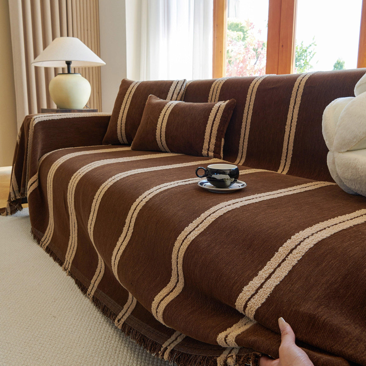 Textural Striped Chenille Sofa Covers, Boho Washable Decor Sofa Blankets Covers