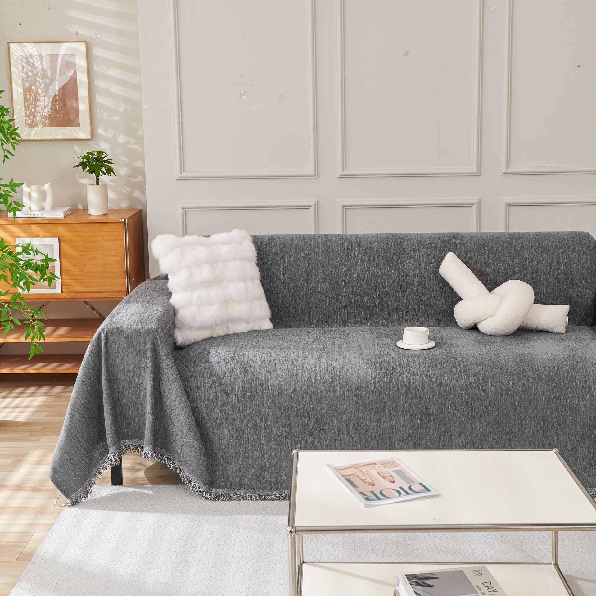 Solid Color Chenille Sofa Throw Blanket, Cozy & Easy Care Fringed Furniture Protector