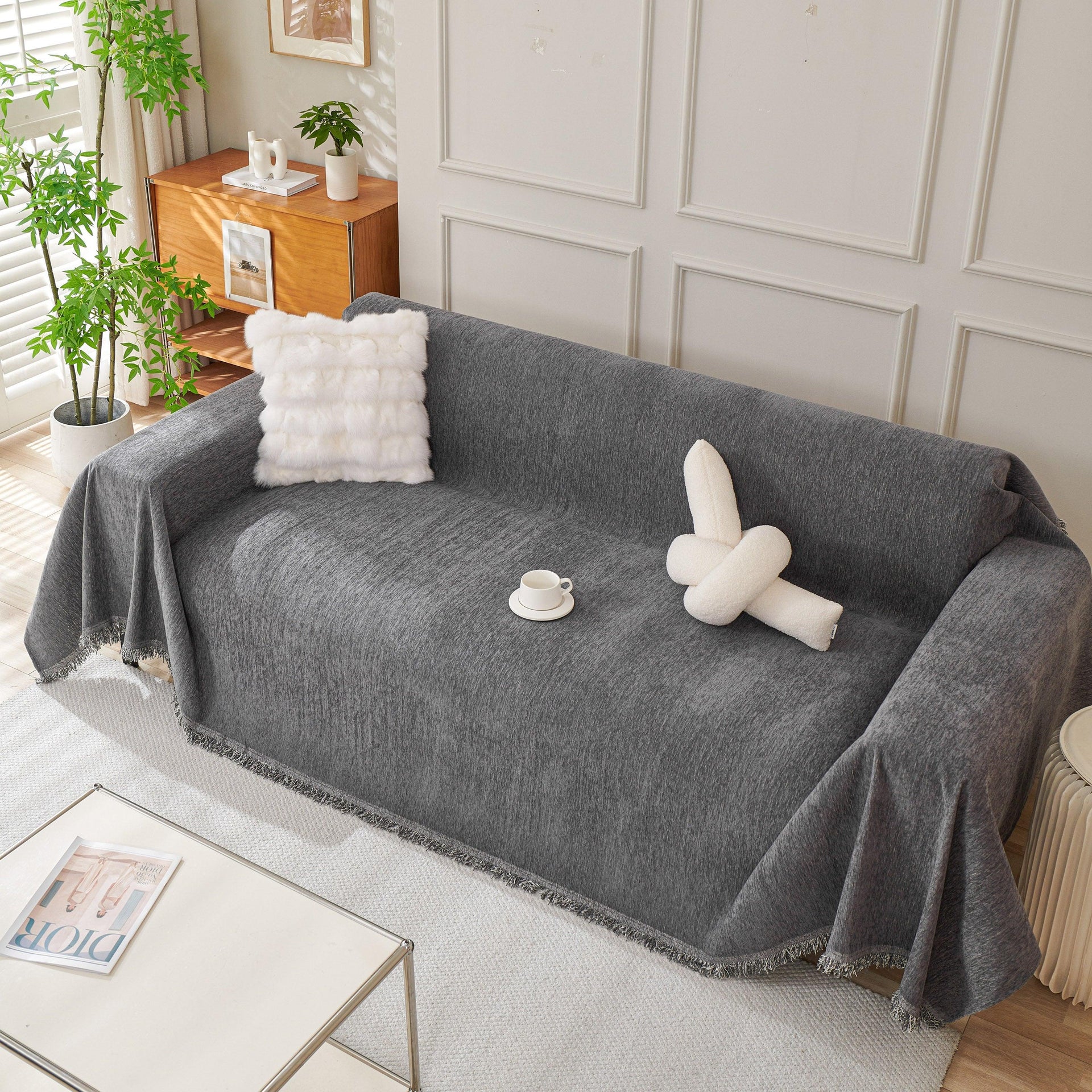 Solid Color Chenille Sofa Throw Blanket, Cozy & Easy Care Fringed Furniture Protector