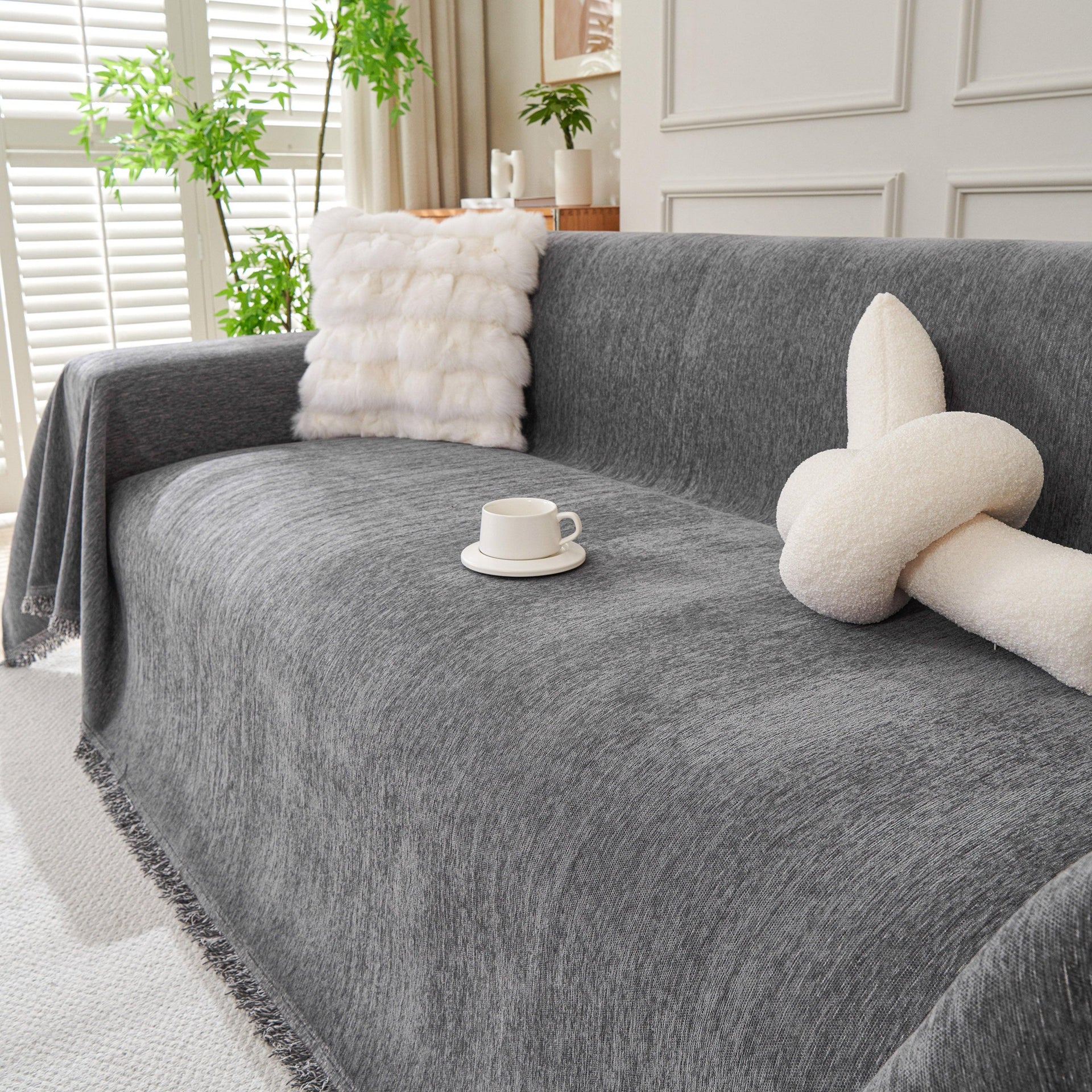 Solid Color Chenille Sofa Throw Blanket, Cozy & Easy Care Fringed Furniture Protector