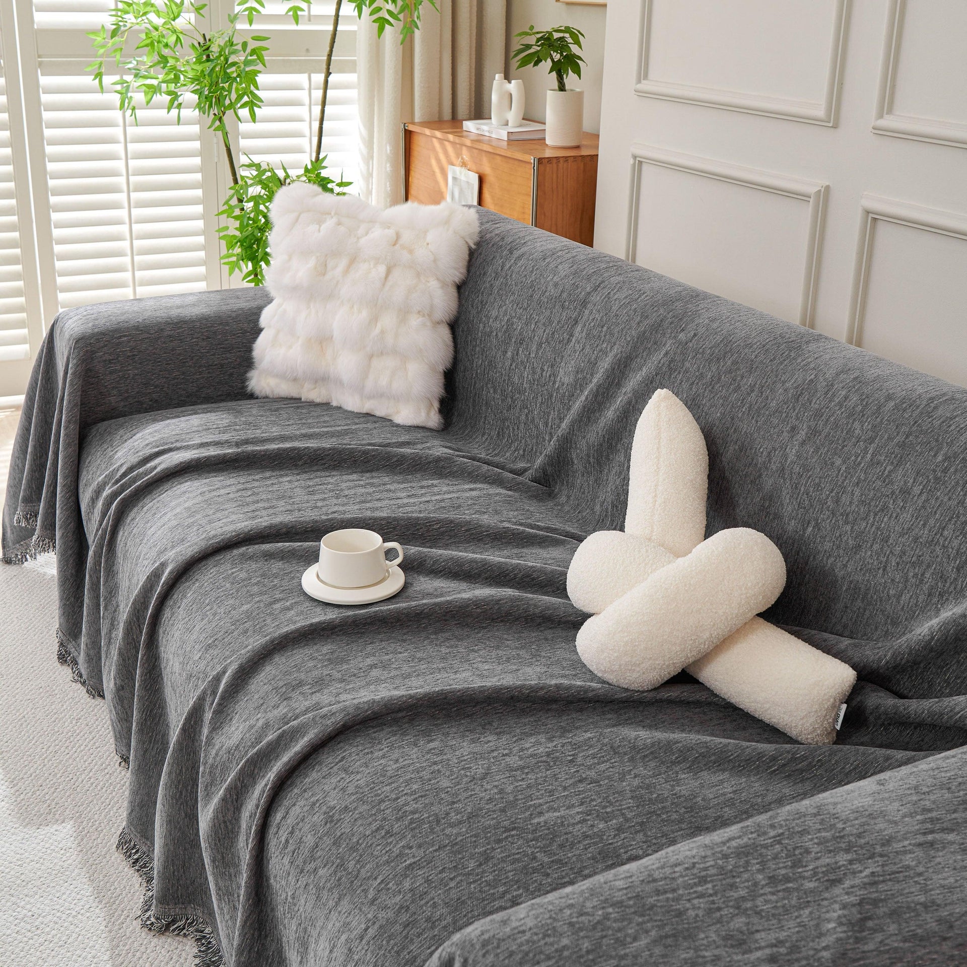 Solid Color Chenille Sofa Throw Blanket, Cozy & Easy Care Fringed Furniture Protector