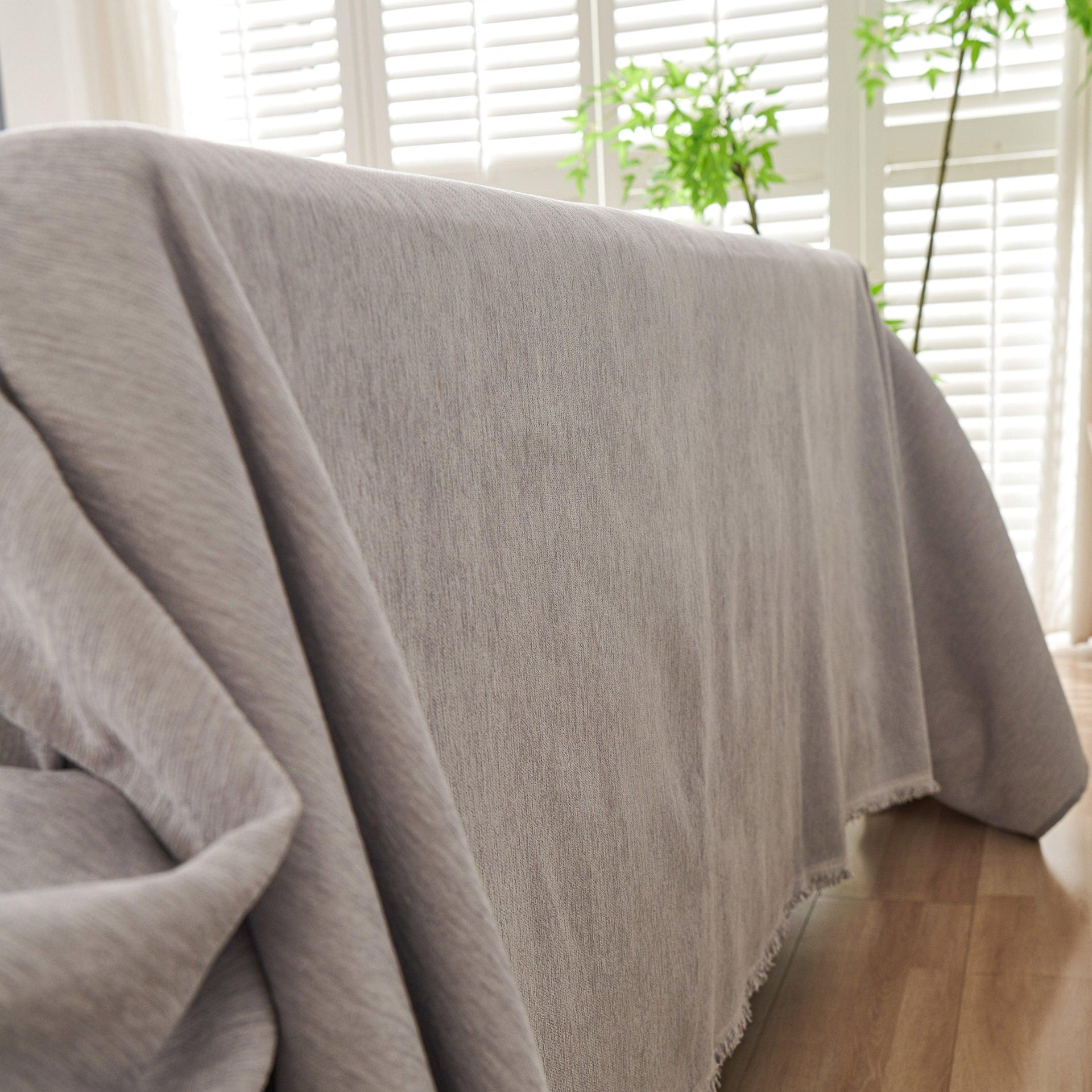 Solid Color Chenille Sofa Throw Blanket, Cozy & Easy Care Fringed Furniture Protector