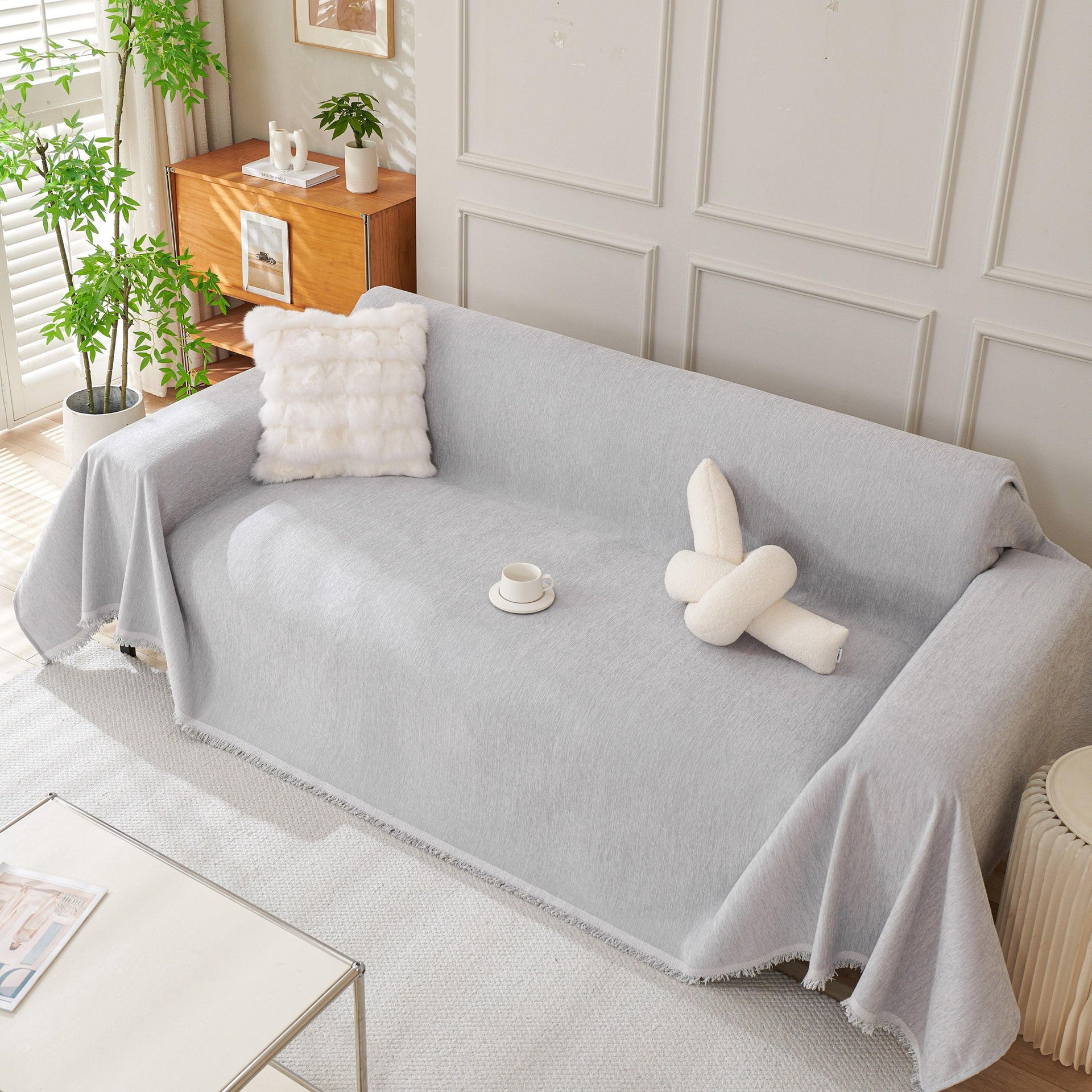 Solid Color Chenille Sofa Throw Blanket, Cozy & Easy Care Fringed Furniture Protector