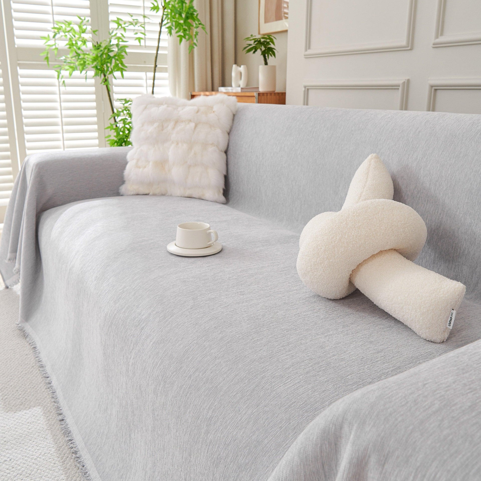 Solid Color Chenille Sofa Throw Blanket, Cozy & Easy Care Fringed Furniture Protector