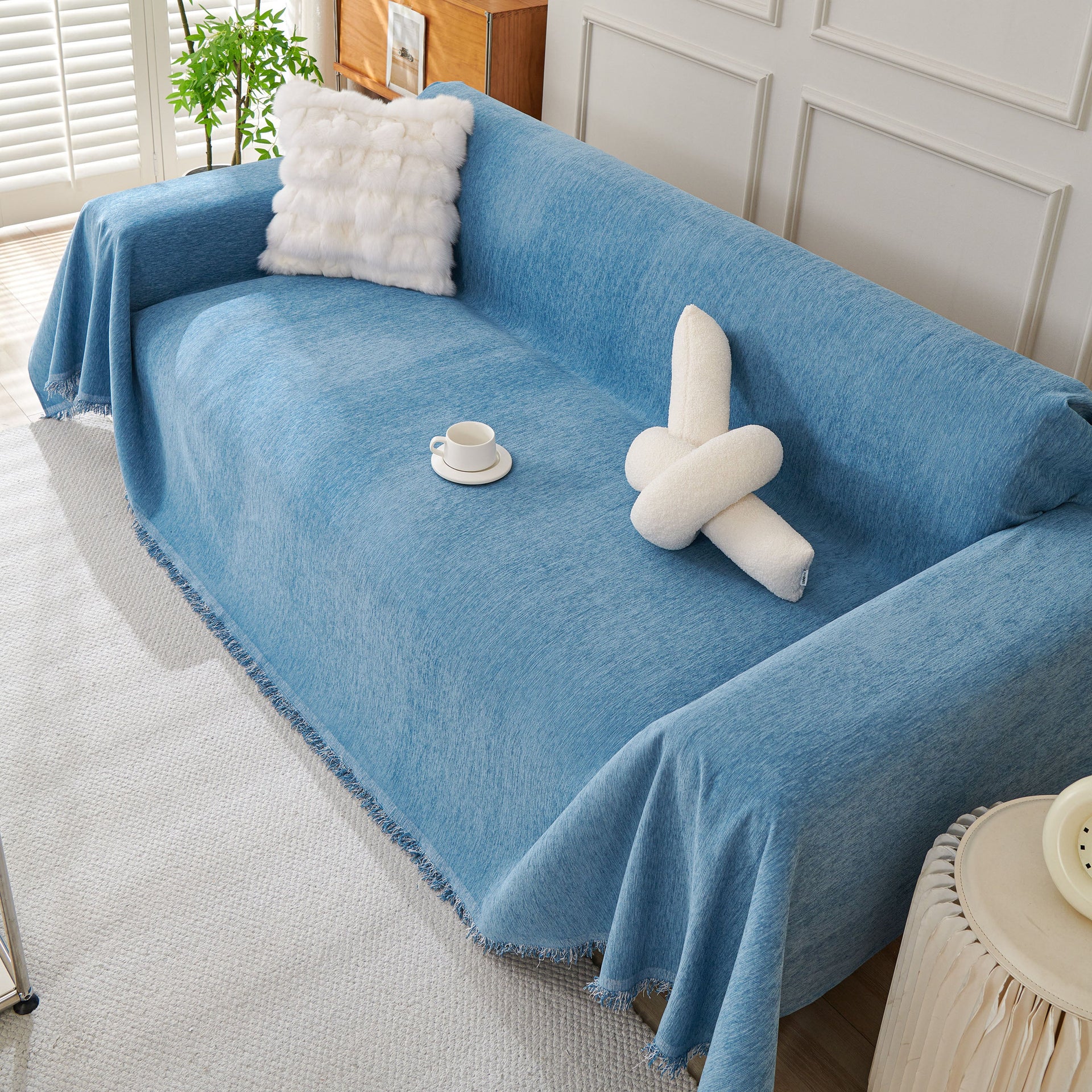 Solid Color Chenille Sofa Throw Blanket, Cozy & Easy Care Fringed Furniture Protector