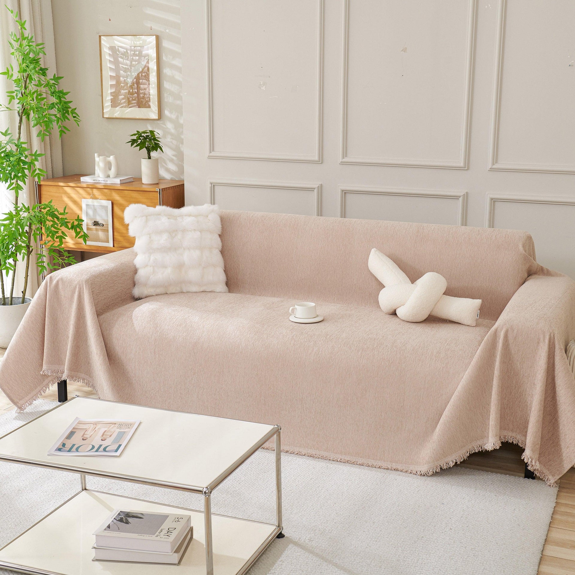 Solid Color Chenille Sofa Throw Blanket, Modern Decor Soft Couch Cover with Fringes