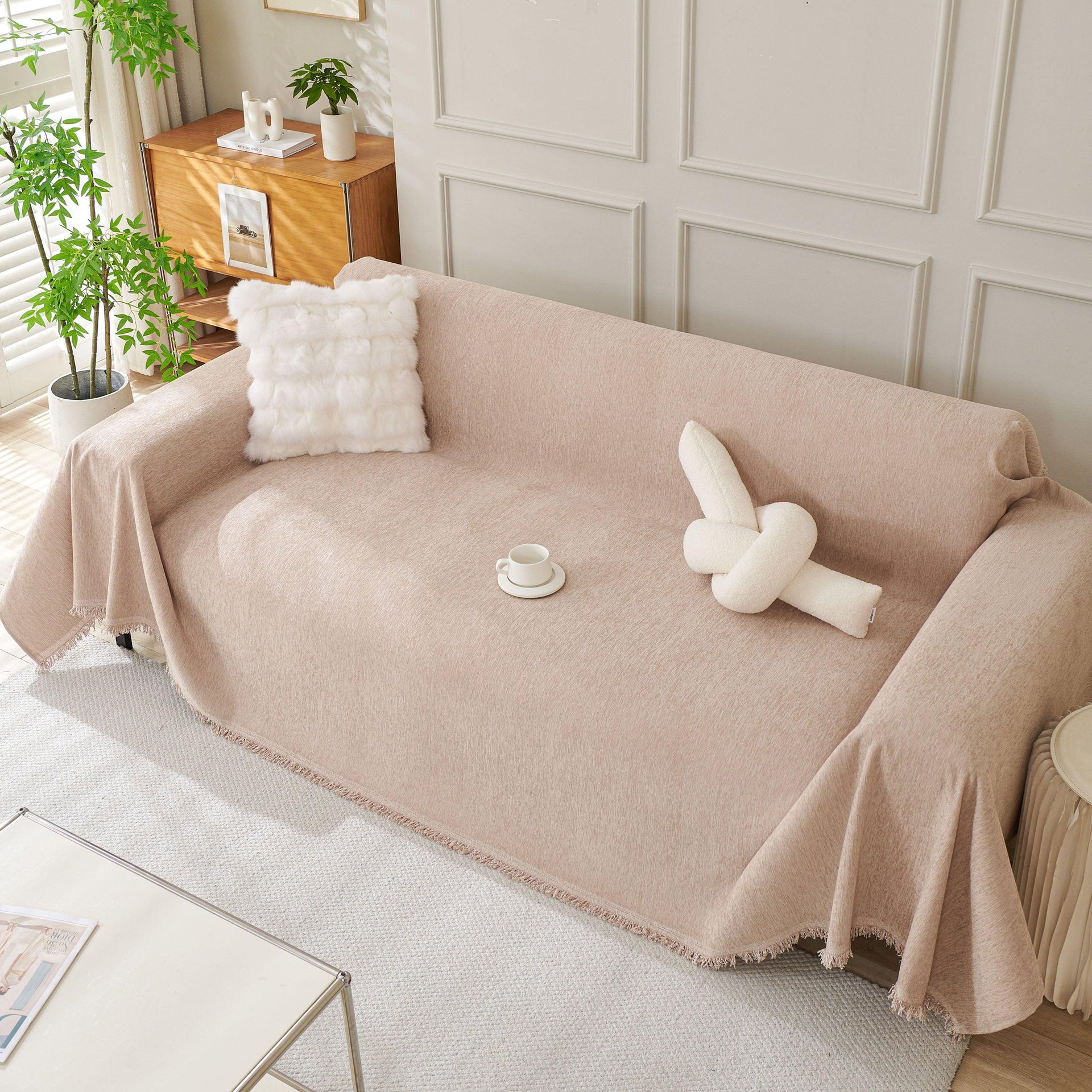 Solid Color Chenille Sofa Throw Blanket, Modern Decor Soft Couch Cover with Fringes