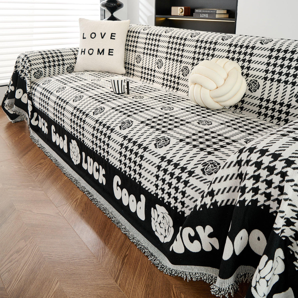 Chenille Houndstooth Sofa Throw Cover, Scratch Proof Cozy Throw Blankets for Couch