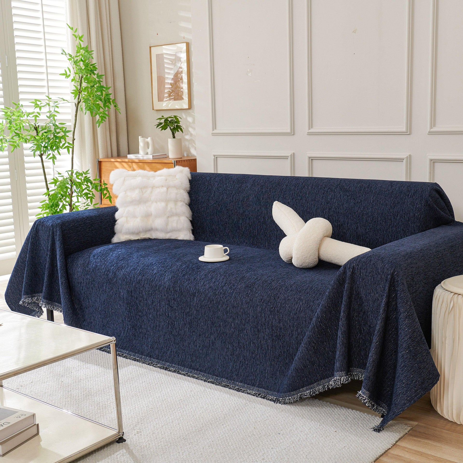 Solid Color Chenille Sofa Throw Blanket, Modern Decor Soft Couch Cover with Fringes