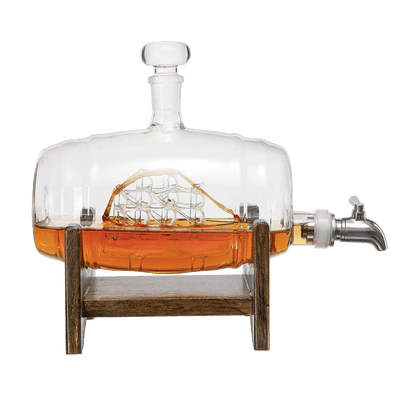 Whiskey Ship in a Barrel Decanter With Ship With 2-10 oz Glasses - By The Wine Savant, Whiskey & Wine Decanter Clear