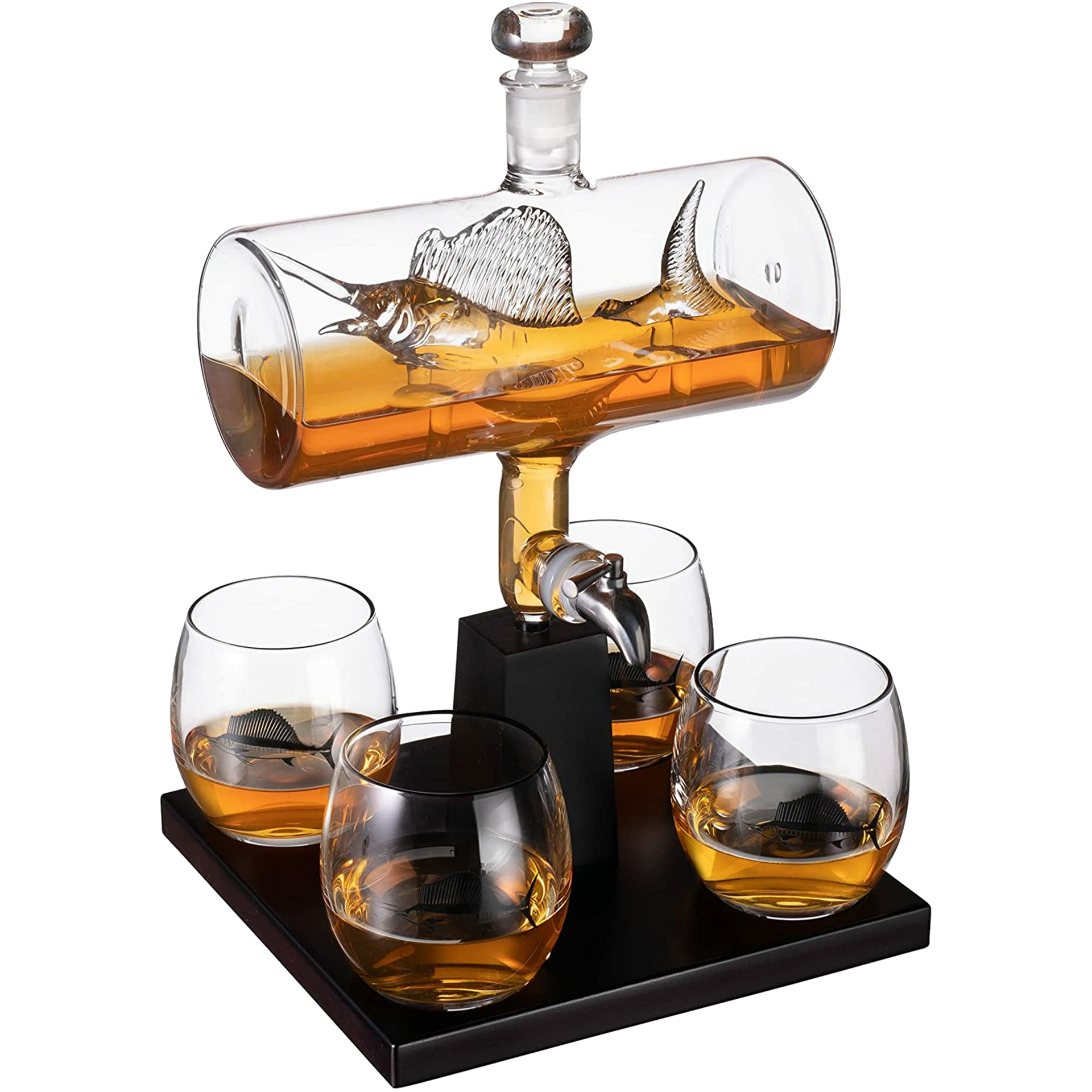 Swordfish & Sailfish Wine &Whiskey Decanter Dispenser and 4 Liquor Glasses - Fishing & Boat Decanter & Glass Set - Fishing Gifts for Men Bourbon & Scotch Decanter for Alcohol - Fisherman Gifts for Dad
