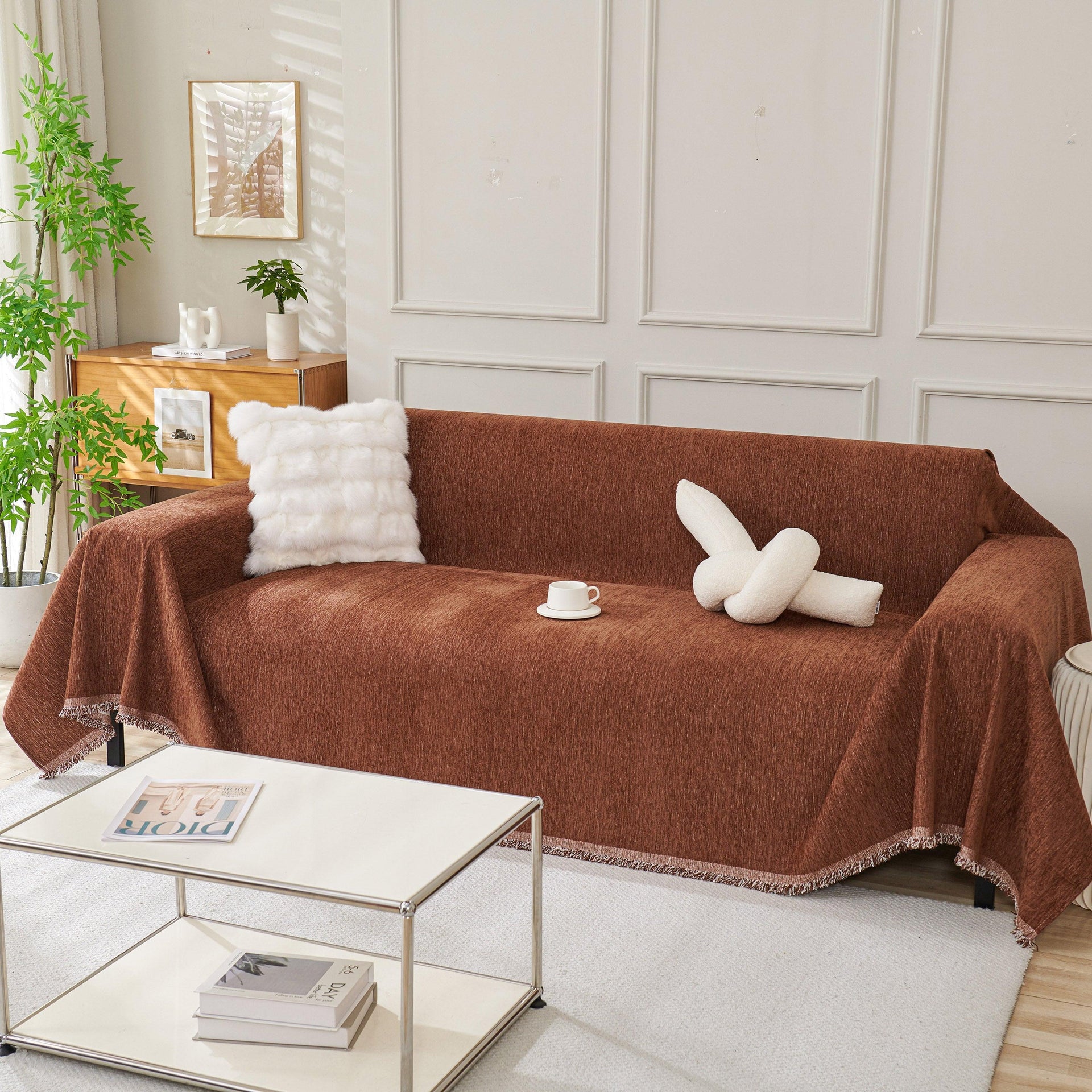 Solid Color Chenille Sofa Throw Blanket, Modern Decor Soft Couch Cover with Fringes