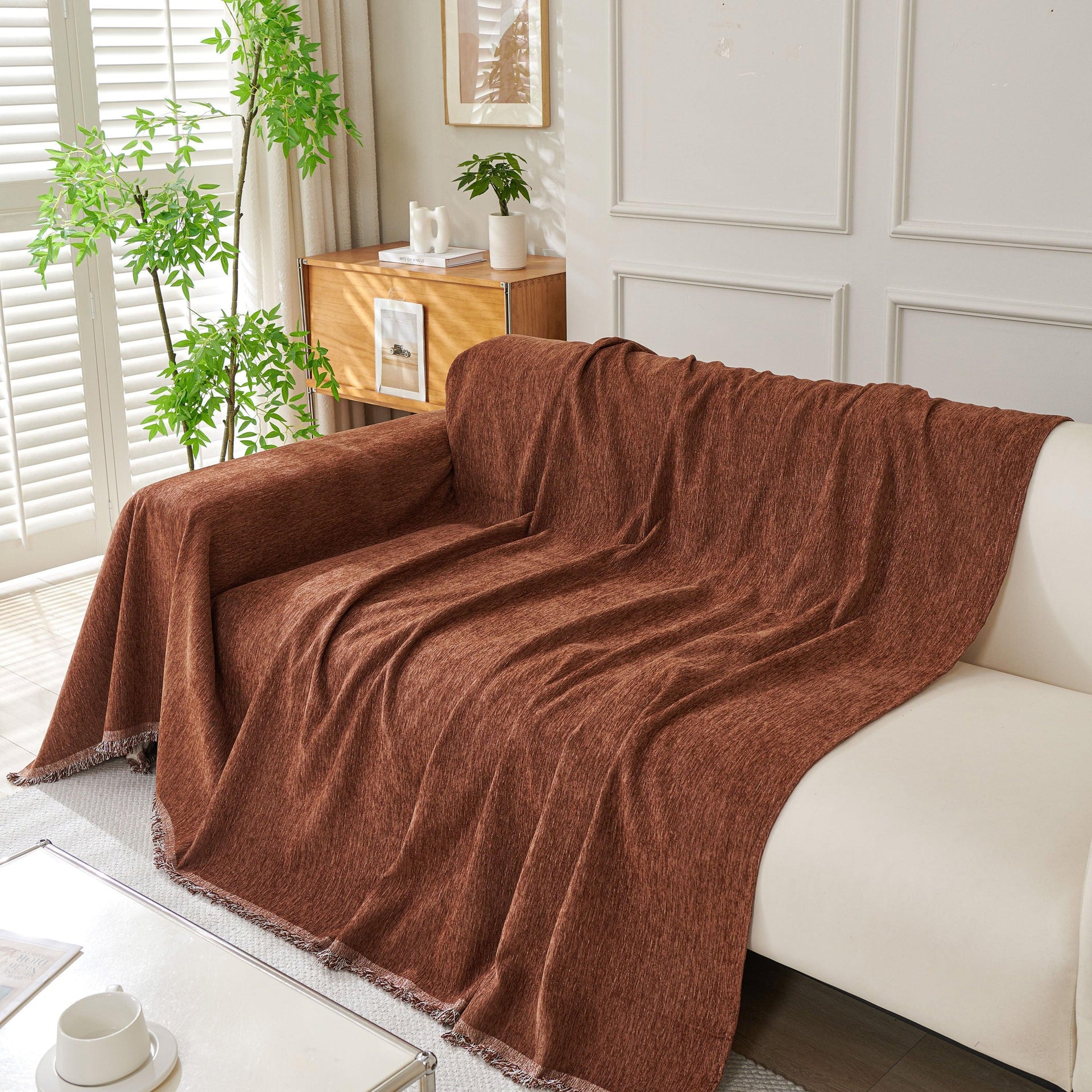 Solid Color Chenille Sofa Throw Blanket, Modern Decor Soft Couch Cover with Fringes
