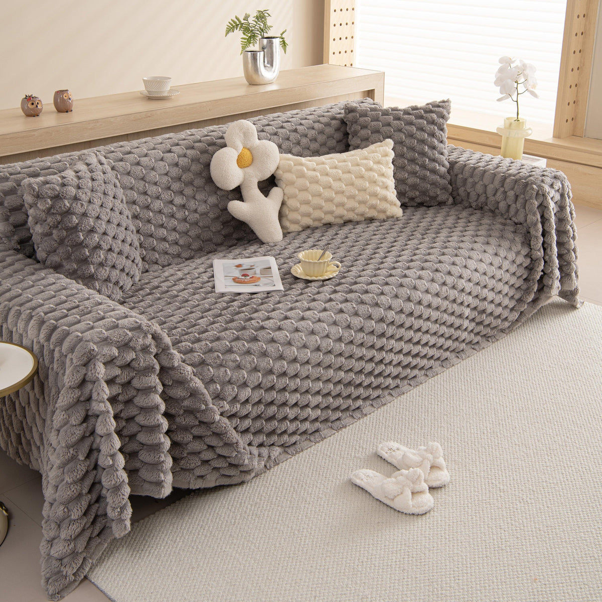 Thick Plush Faux Fur Couch Cover Blanket Warm Fuzzy Blanket Couch Protector for Winter
