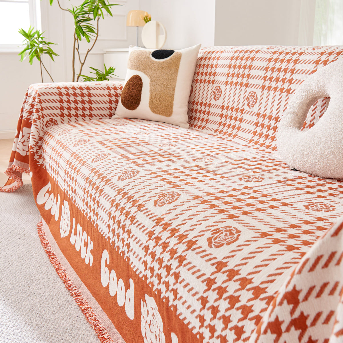 Chenille Houndstooth Sofa Throw Cover, Scratch Proof Cozy Throw Blankets for Couch
