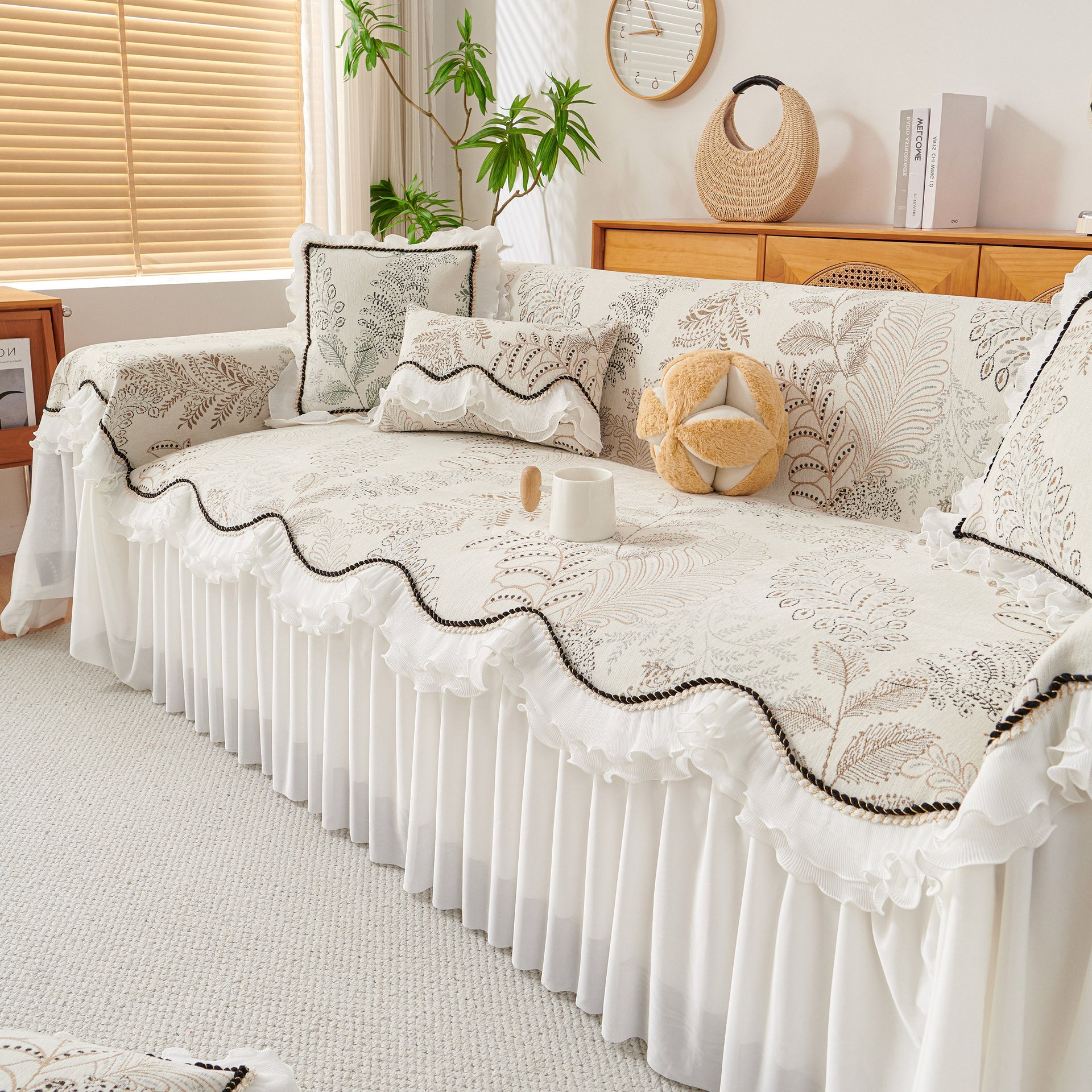 Farmhouse Ruffled Lace Sofa Slipcover Vintage Furniture Protector with Botanical Print