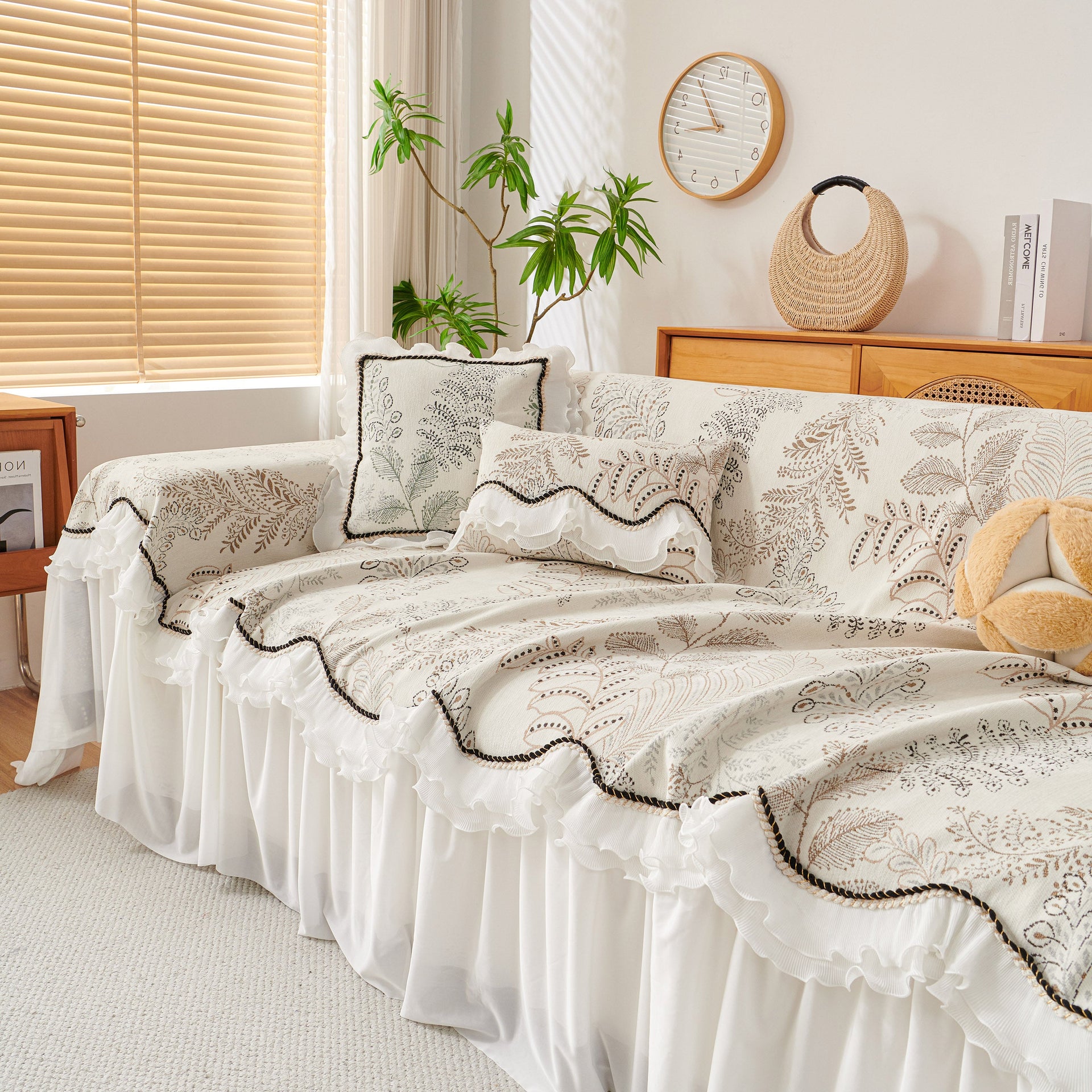 Farmhouse Ruffled Lace Sofa Slipcover Vintage Furniture Protector with Botanical Print