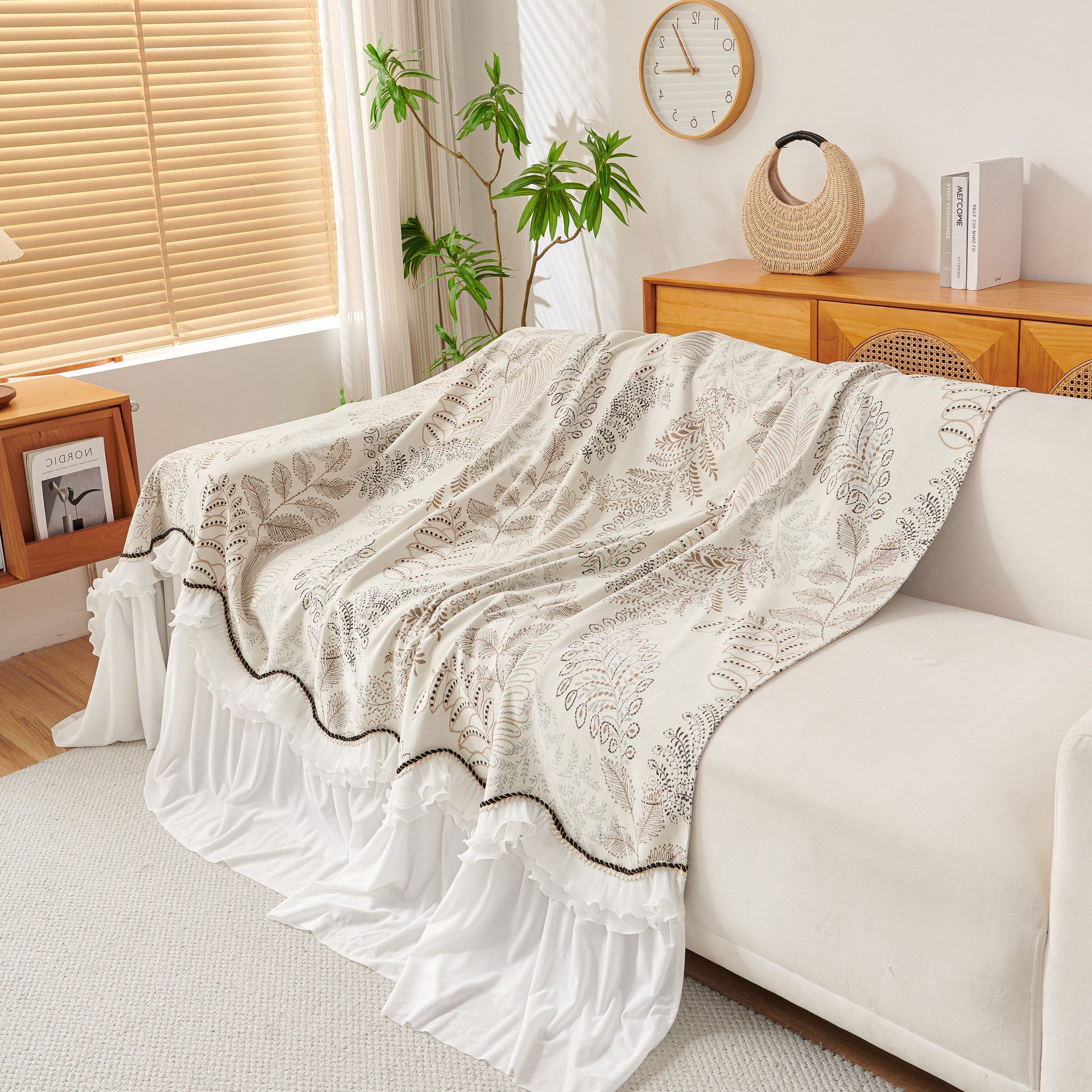 Farmhouse Ruffled Lace Sofa Slipcover Vintage Furniture Protector with Botanical Print