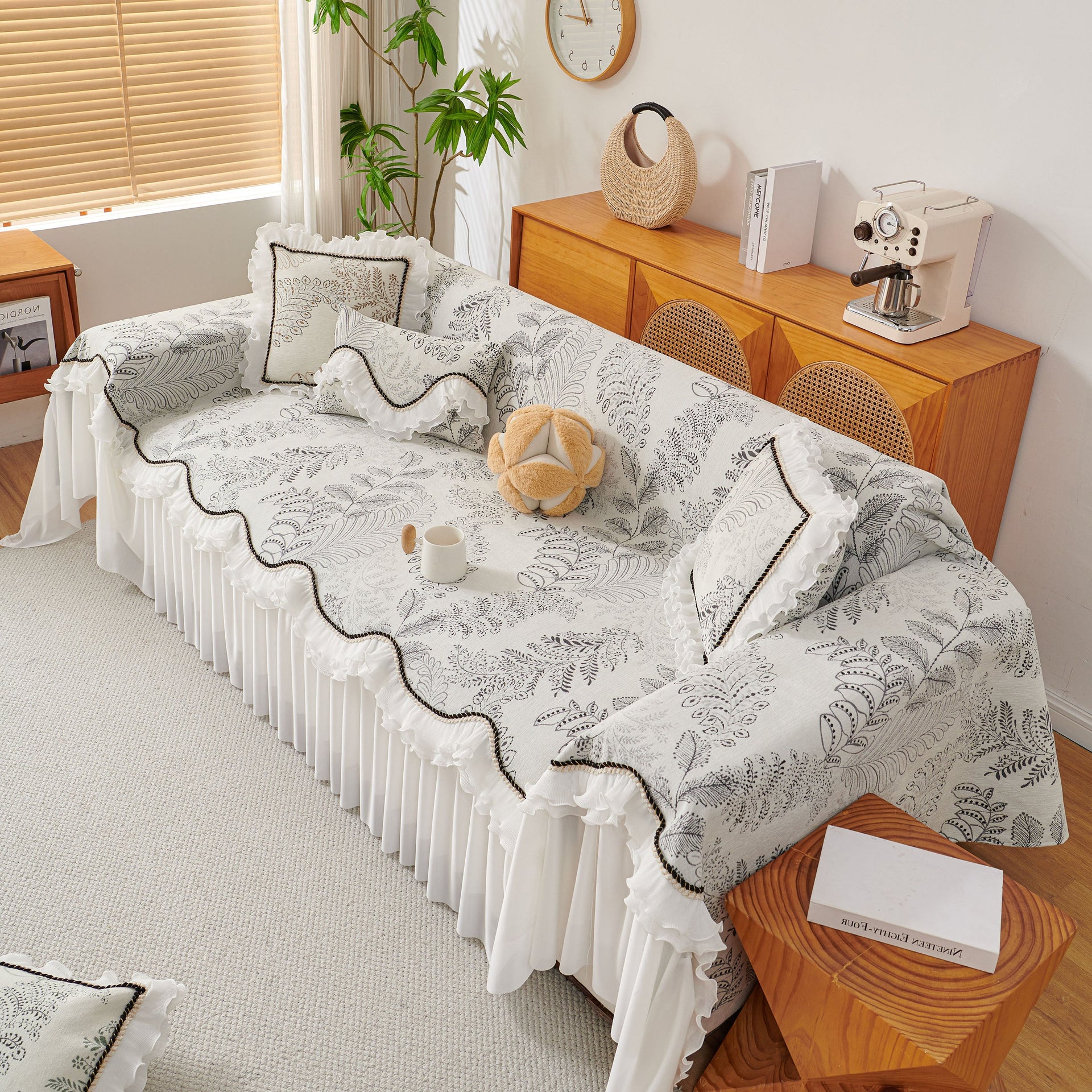 Farmhouse Ruffled Lace Sofa Slipcover Vintage Furniture Protector with Botanical Print