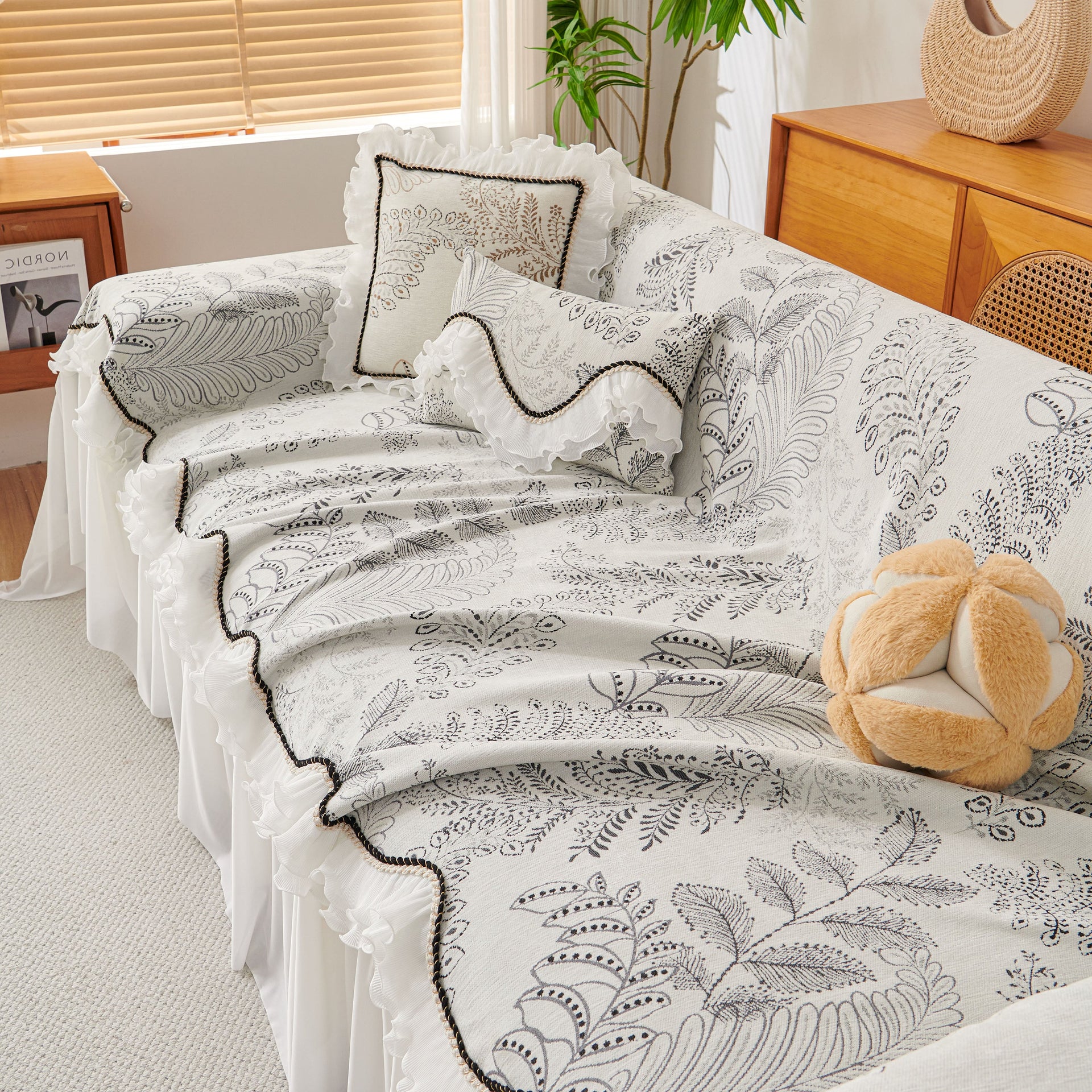 Farmhouse Ruffled Lace Sofa Slipcover Vintage Furniture Protector with Botanical Print