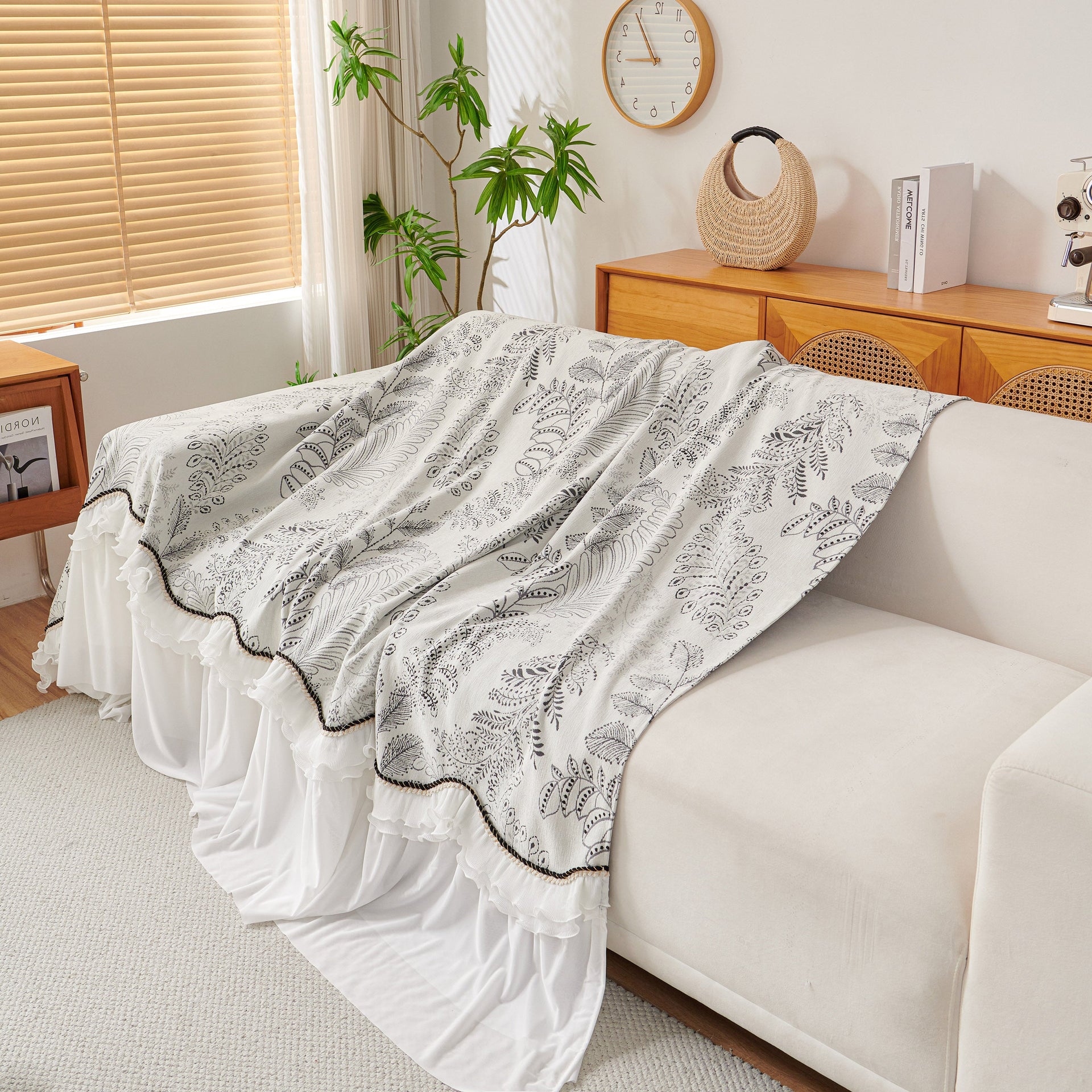 Farmhouse Ruffled Lace Sofa Slipcover Vintage Furniture Protector with Botanical Print