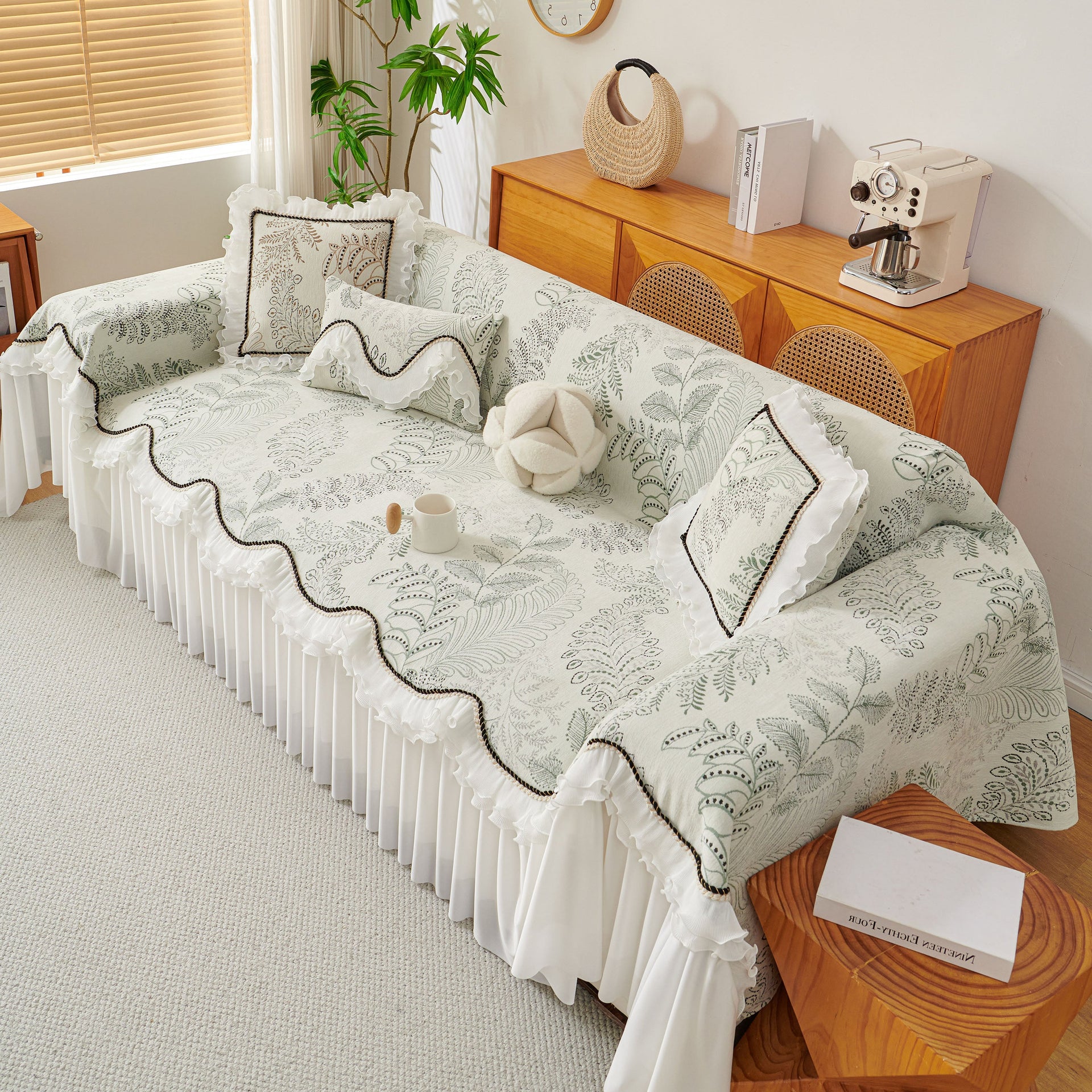 Farmhouse Ruffled Lace Sofa Slipcover Vintage Furniture Protector with Botanical Print