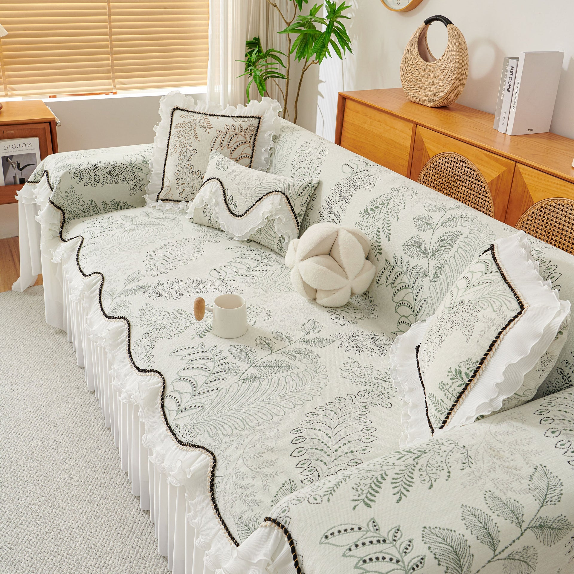 Farmhouse Ruffled Lace Sofa Slipcover Vintage Furniture Protector with Botanical Print