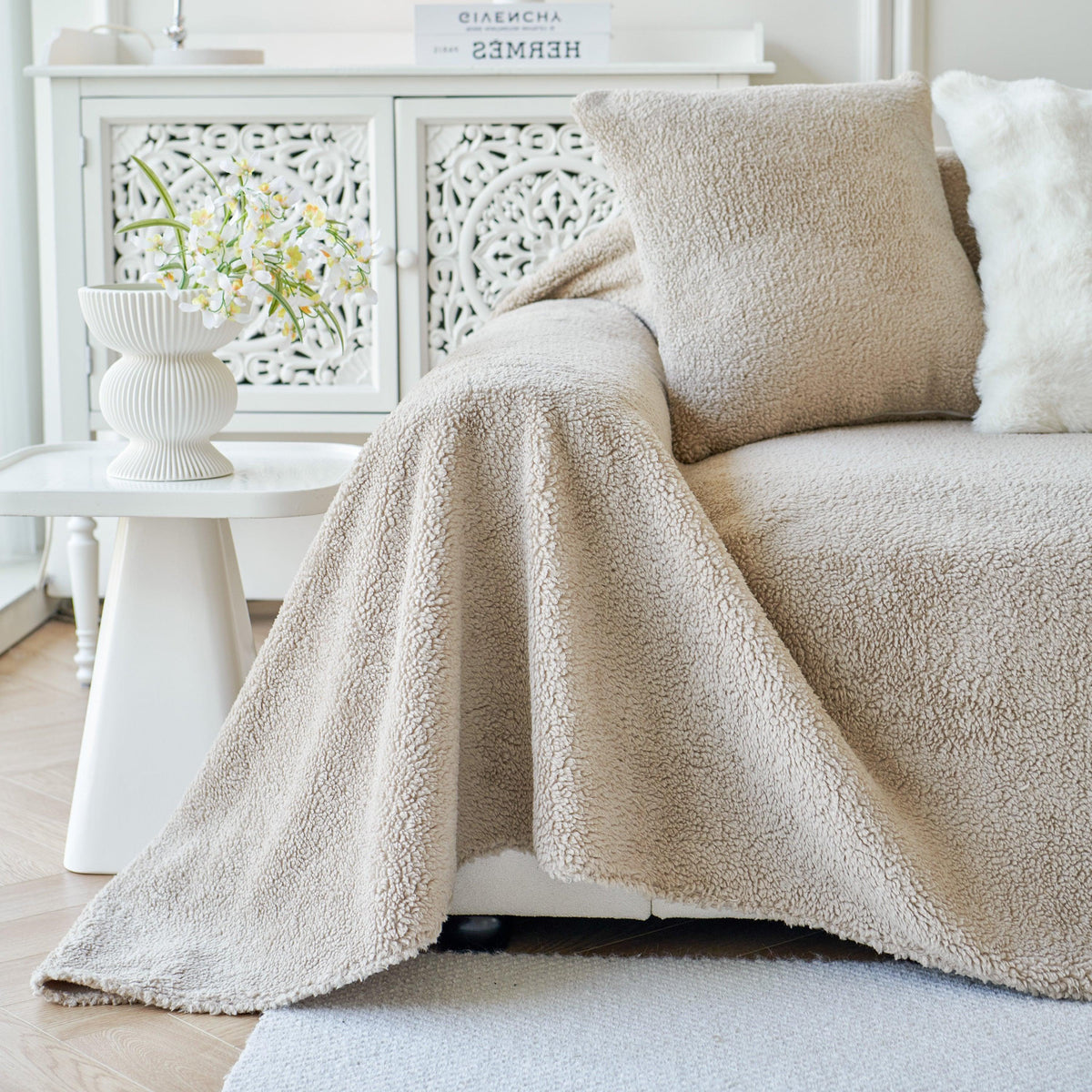 Thick Sherpa Fleece Sofa Protector Cover Stylish Durable Slipcovers for Couches and Chairs