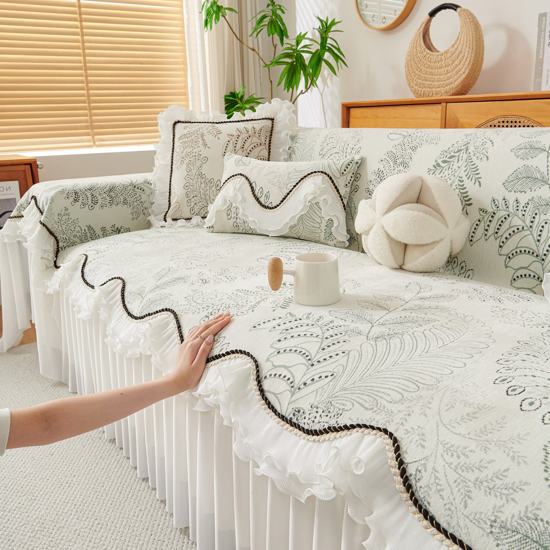 Farmhouse Ruffled Lace Sofa Slipcover Vintage Furniture Protector with Botanical Print