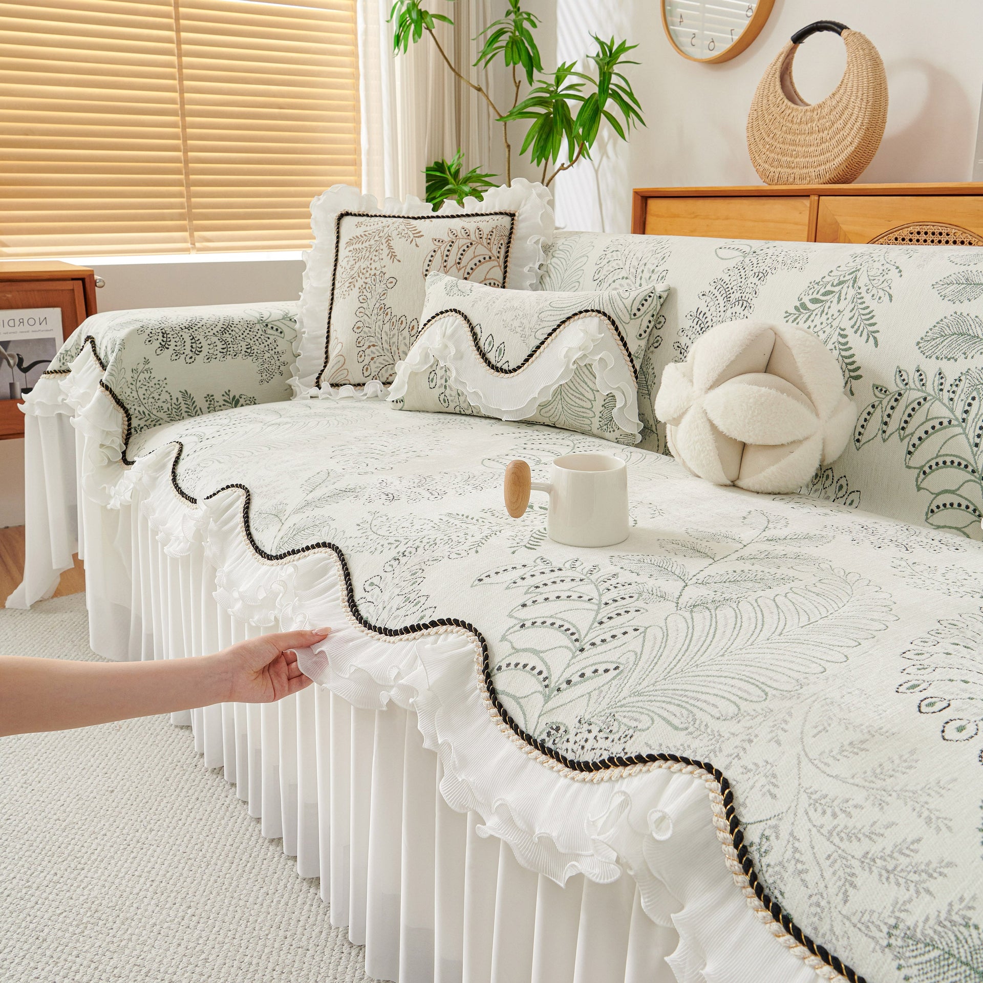 Farmhouse Ruffled Lace Sofa Slipcover Vintage Furniture Protector with Botanical Print