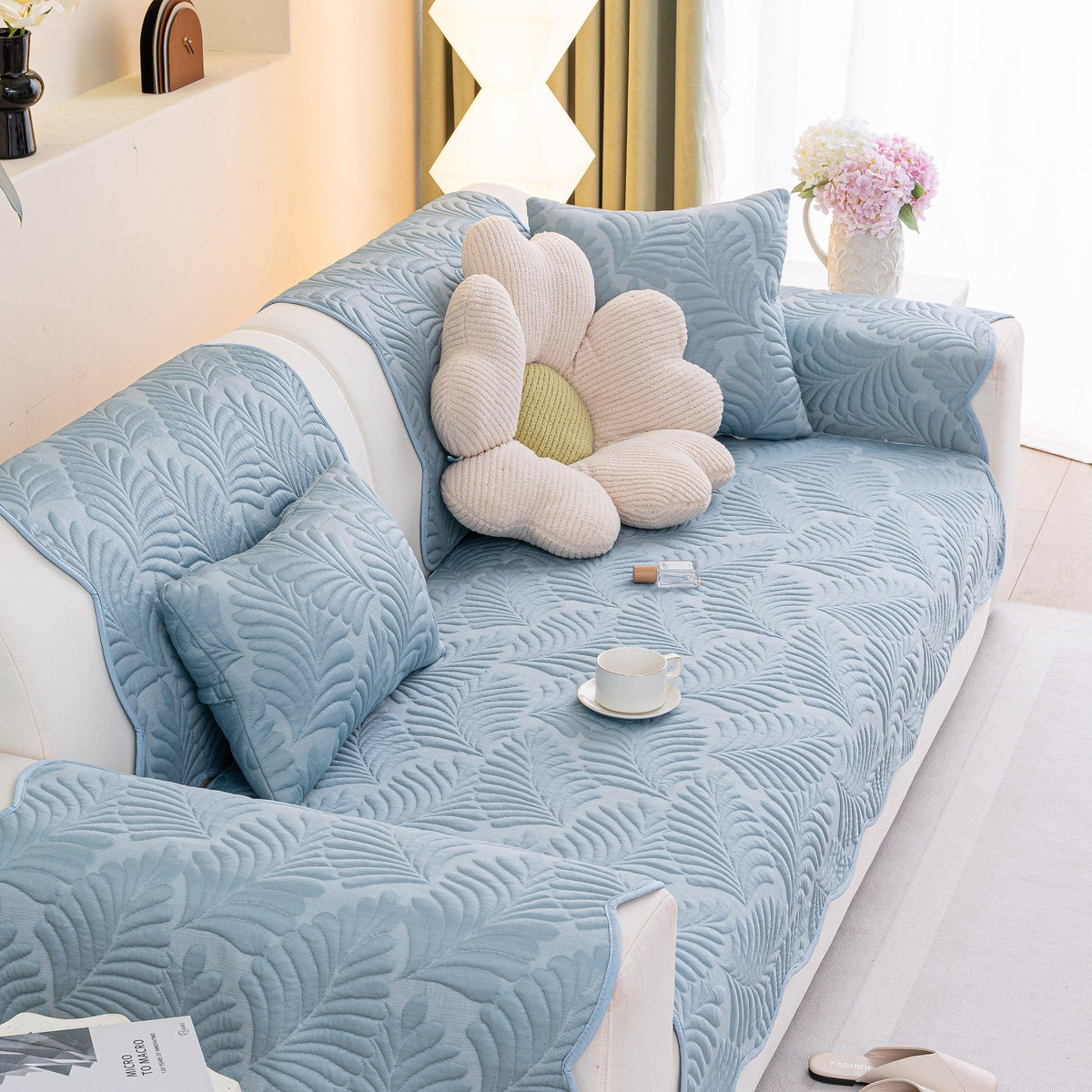 Sofa Cover for Leather & Fabric Couches, 3D Leaf Embossed Quilted Furniture Covers