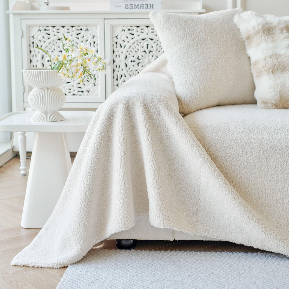 Thick Sherpa Fleece Sofa Protector Cover Stylish Durable Slipcovers for Couches and Chairs