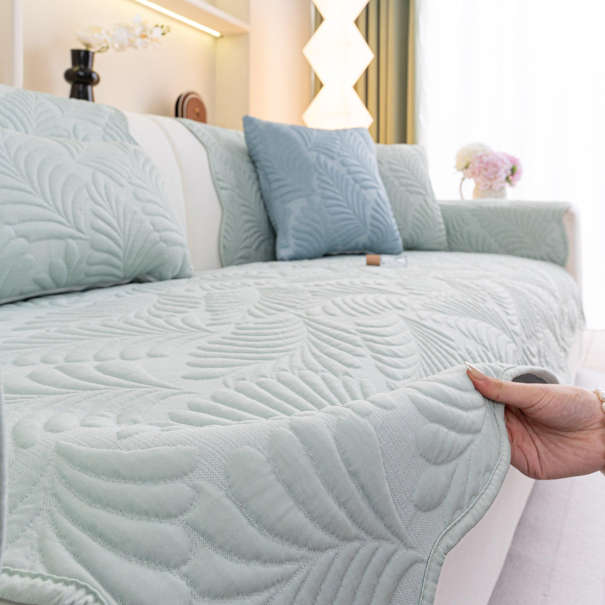 Sofa Cover for Leather & Fabric Couches, 3D Leaf Embossed Quilted Furniture Covers