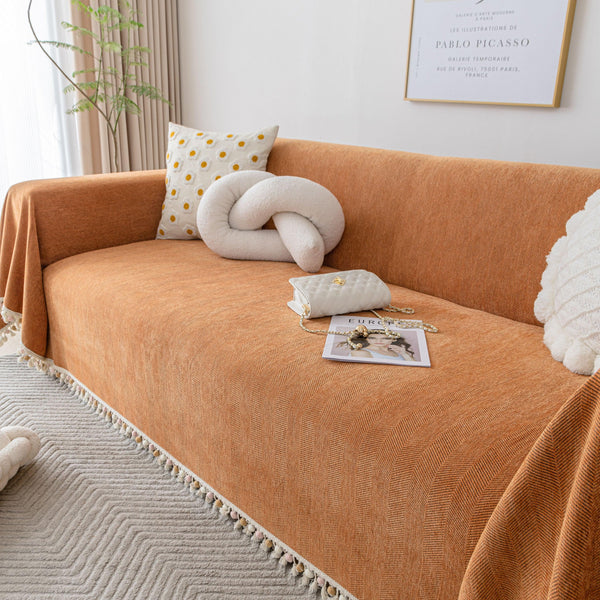 Boho Herringbone Sofa Throw Blanket with Pom Pom Tassels Stylish Furniture Slipcover