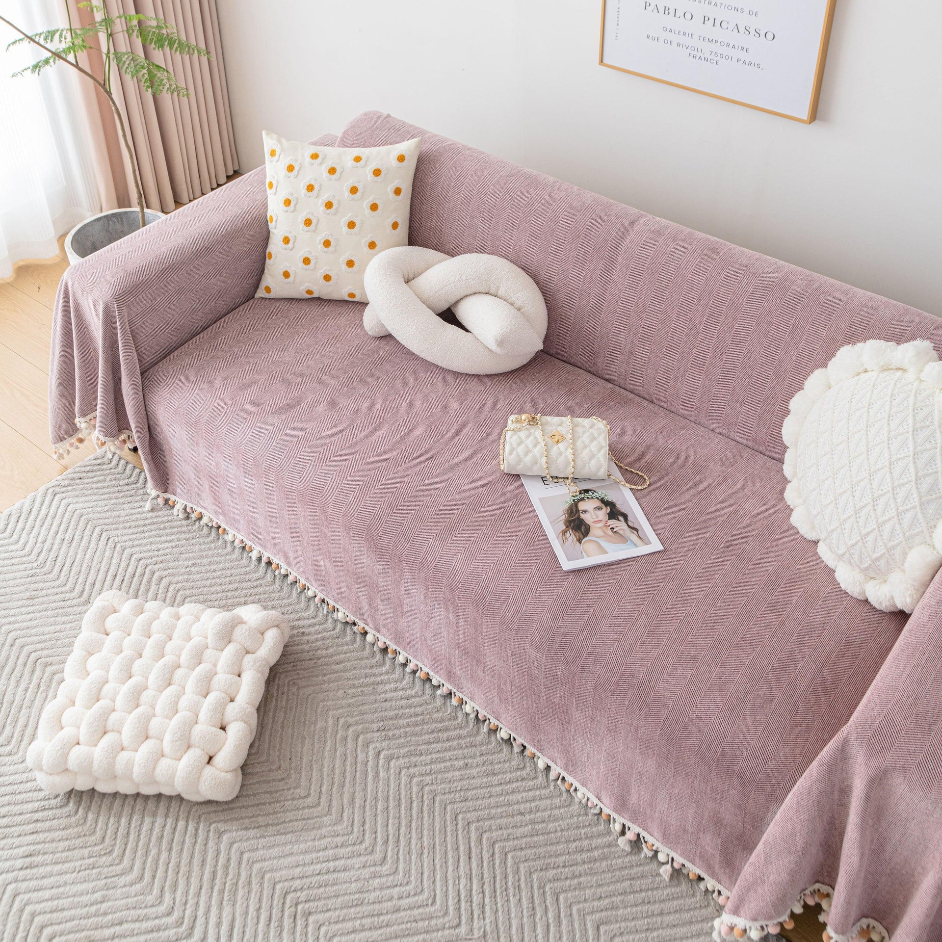 Boho Herringbone Sofa Throw Blanket with Pom Pom Tassels Stylish Furniture Slipcover