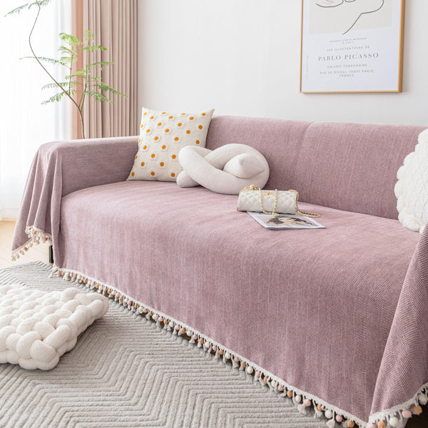 Boho Herringbone Sofa Throw Blanket with Pom Pom Tassels Stylish Furniture Slipcover