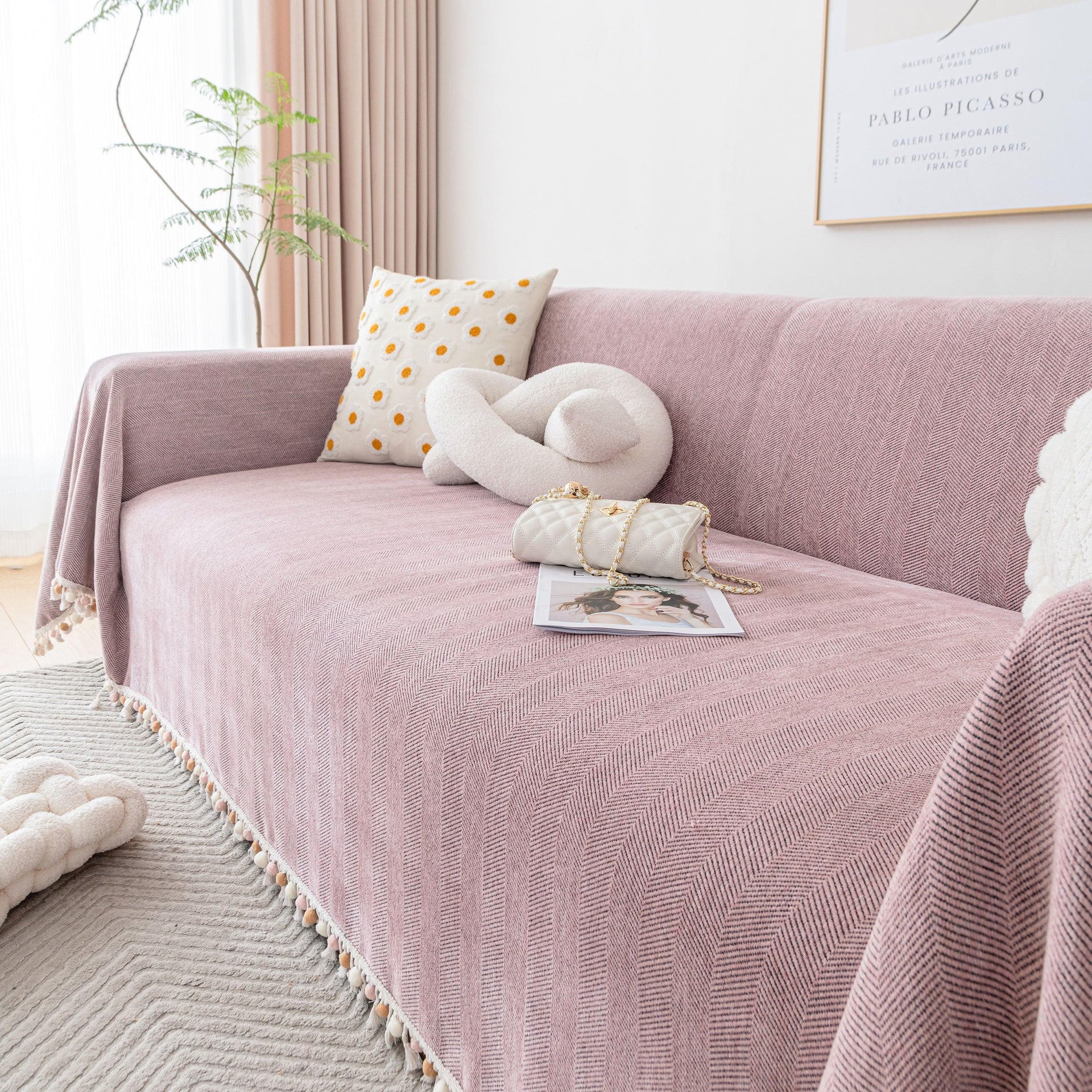 Boho Herringbone Sofa Throw Blanket with Pom Pom Tassels Stylish Furniture Slipcover