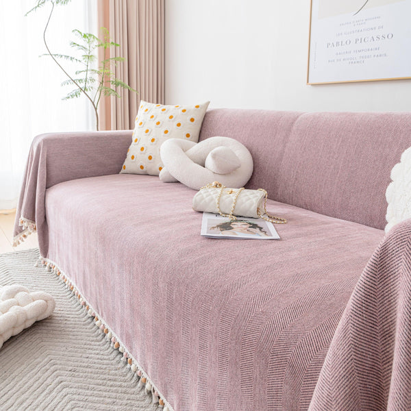 Boho Herringbone Sofa Throw Blanket with Pom Pom Tassels Stylish Furniture Slipcover