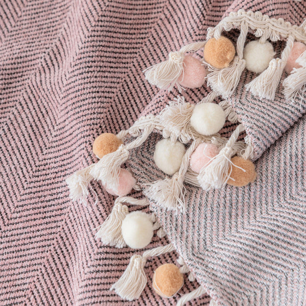 Boho Herringbone Sofa Throw Blanket with Pom Pom Tassels Stylish Furniture Slipcover