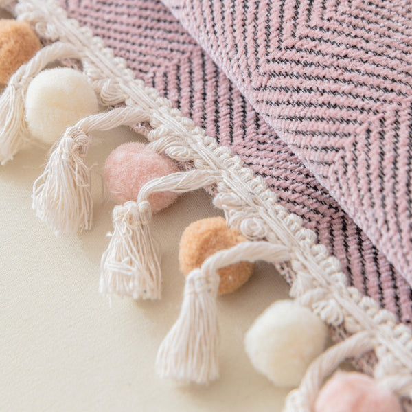 Boho Herringbone Sofa Throw Blanket with Pom Pom Tassels Stylish Furniture Slipcover