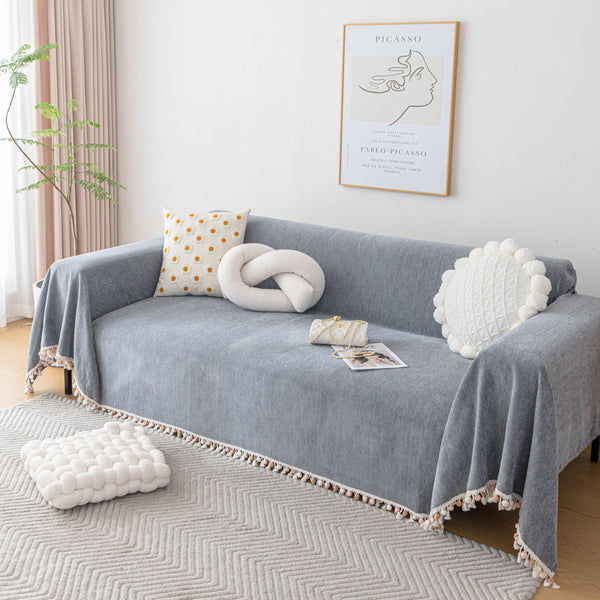 Boho Herringbone Sofa Throw Blanket with Pom Pom Tassels Stylish Furniture Slipcover