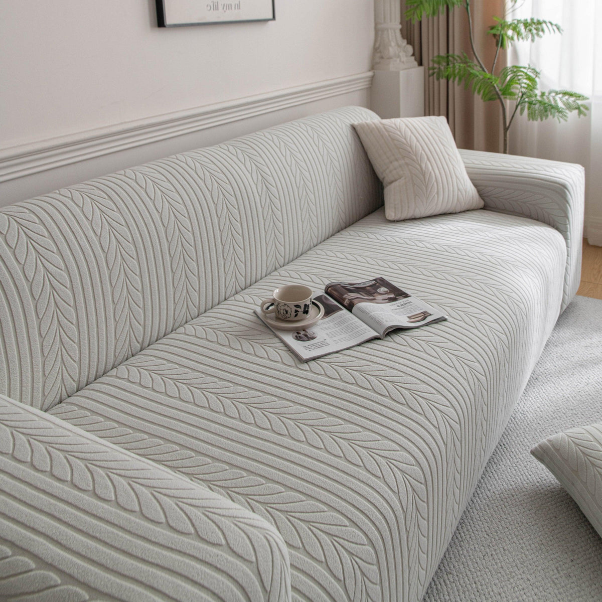 Plush Fleece Sofa Slipcover with 3D Wheat Pattern, Cozy High-Stretch Couch Cover