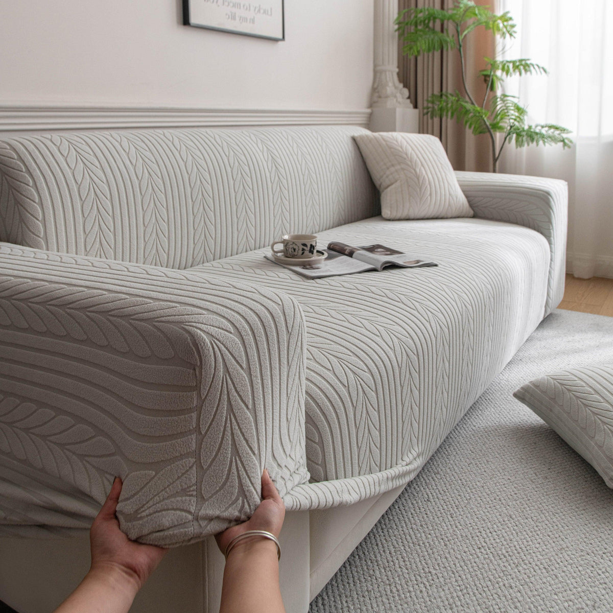 Plush Fleece Sofa Slipcover with 3D Wheat Pattern, Cozy High-Stretch Couch Cover